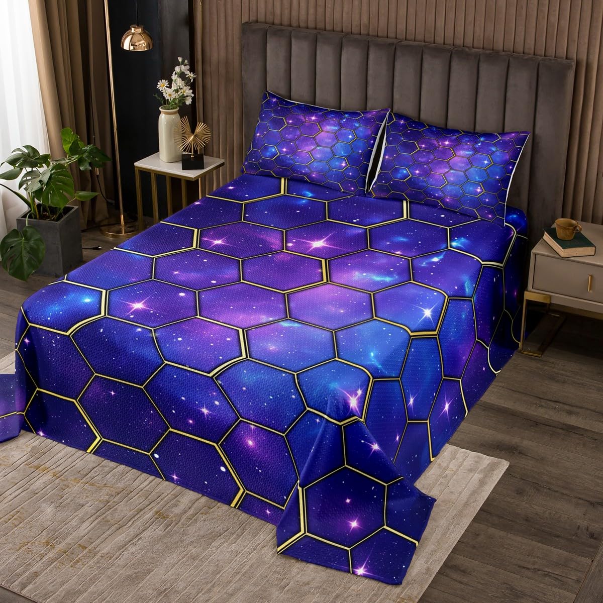 Manfei Yellow Honeycomb Bedspread Twin Size, Blue Galaxy Coverlet Set 2pcs, Geometric Hexagon Print on Starry Sky Quilted Coverlet with 1 Pillowcase, Kids Boy Girl Room Decor