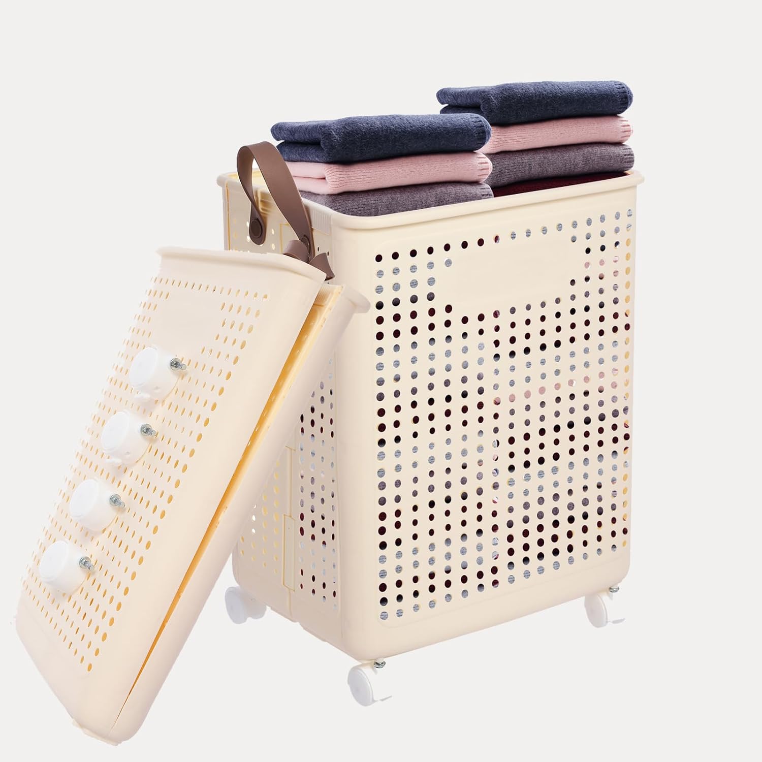 66L Collapsible Laundry Hamper with Handle,Foldable Plastic Laundry Basket with Wheels,Dirty Clothes Hamper for Dorm,Bedroom and Bathroom (Creamy White)