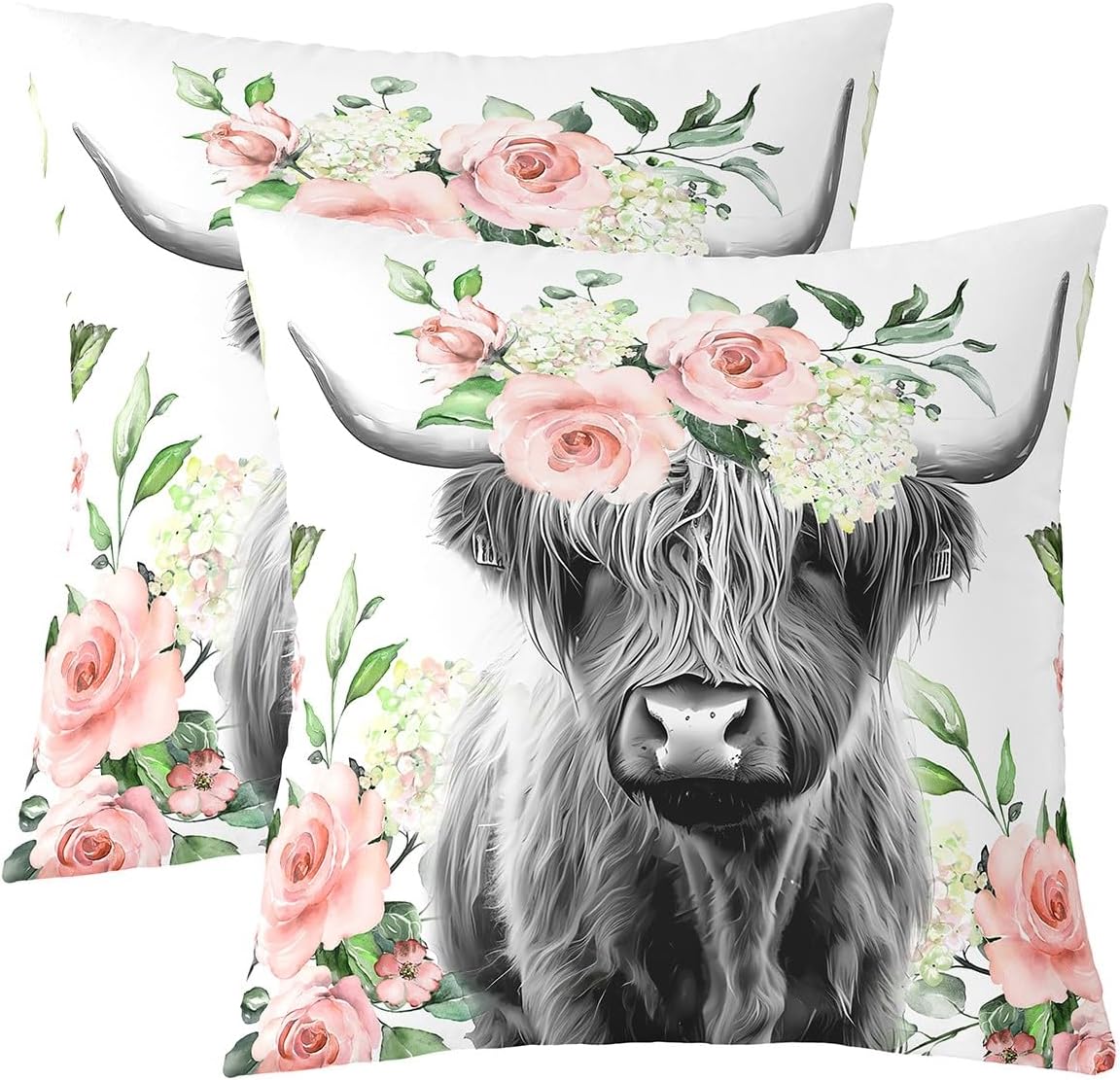 Feelyou Highland Cow Pillow Covers 24x24 Set of 2 Highland Cattle Floral Decorative Throw Pillow Covers Cases Home Decor Animal Western Decor Farmhouse Pink Green Cushion Case for Couch Sofa Outdoor