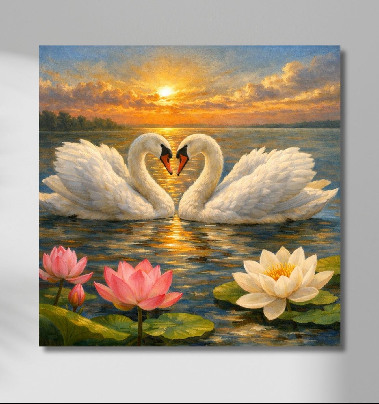 Kunj Cart Pair of Swans Painting for Good Luck | 7+ DESIGNS | Pair of Swans Vastu Painting | Love Bird Canvas Painting for Home and Office Wall Decoration (DESIGN - E, 18x18 Inch, Framed)-image-32