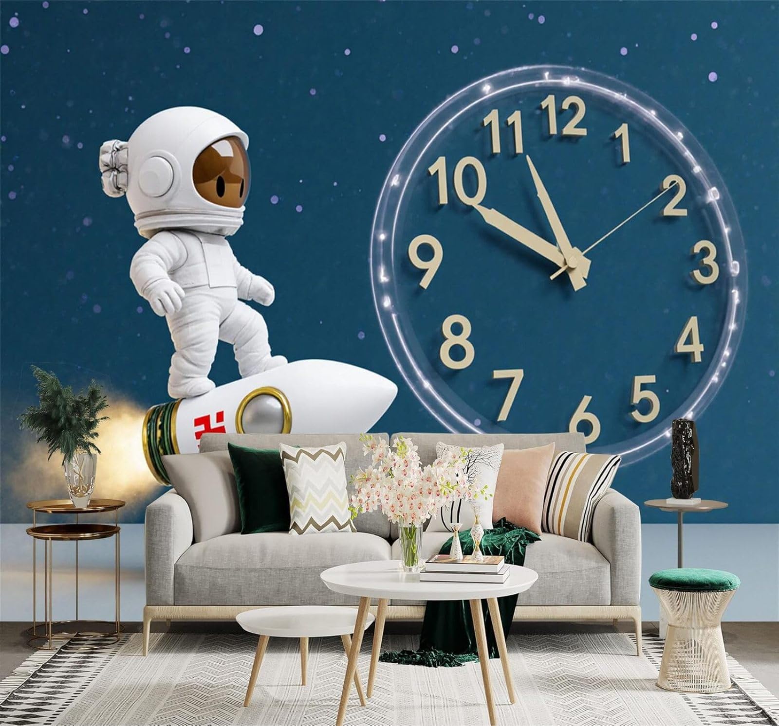 XLMING Cute Astronaut Rocket Glowing Clock Starry Sky 3D Wallpaper Silky Texture Home Study Office Grey Dining Room Sofa Bedroom Living Room TV Backdrop-350cm×256cm