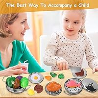 Vista 3 de Juego de comida para niños, accesorios de cocina, 46 piezas, utensilios de cocina de acero inoxidable con CuteApron, cortar alimentos de juego