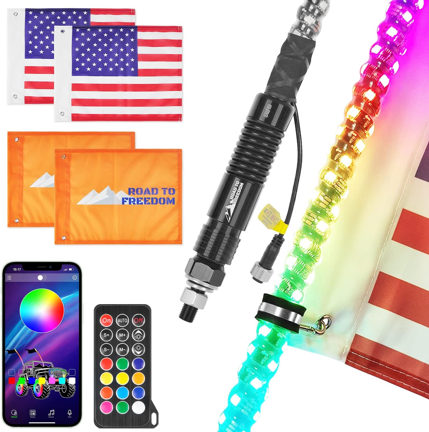 2PCS 4FT Whip Lights Highlight Spiral RGB with Spring,300 Flash Patterns,Bluetooth Remote Control,with Road to Freedom Flag for Can-Am ATV UTV RZR Dune Buggy Offroad Truck Accessories