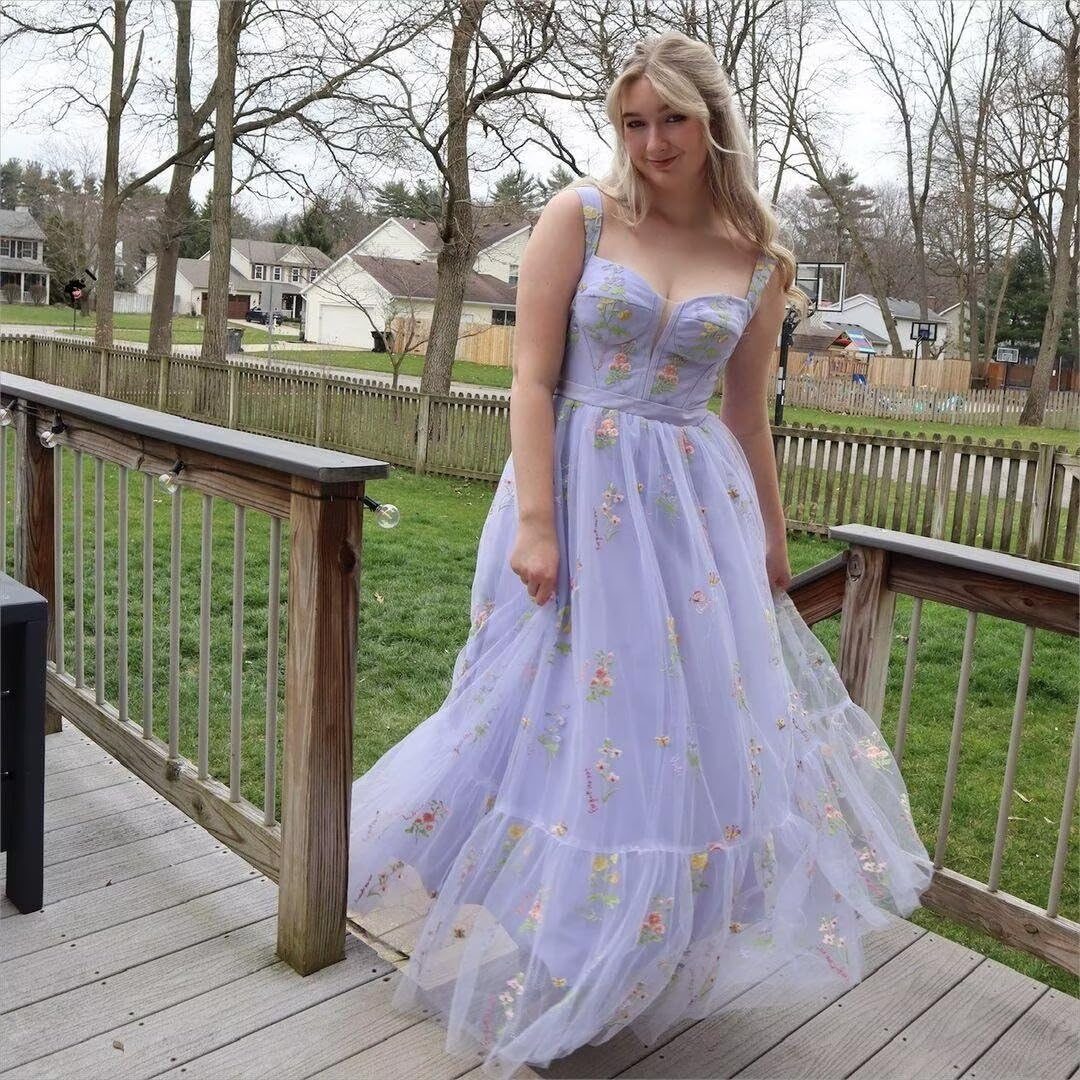 Fivsole Women's Midi Floral Prom Dresses Flower Tulle Embroidered Tea Length Formal Evening Party Gown