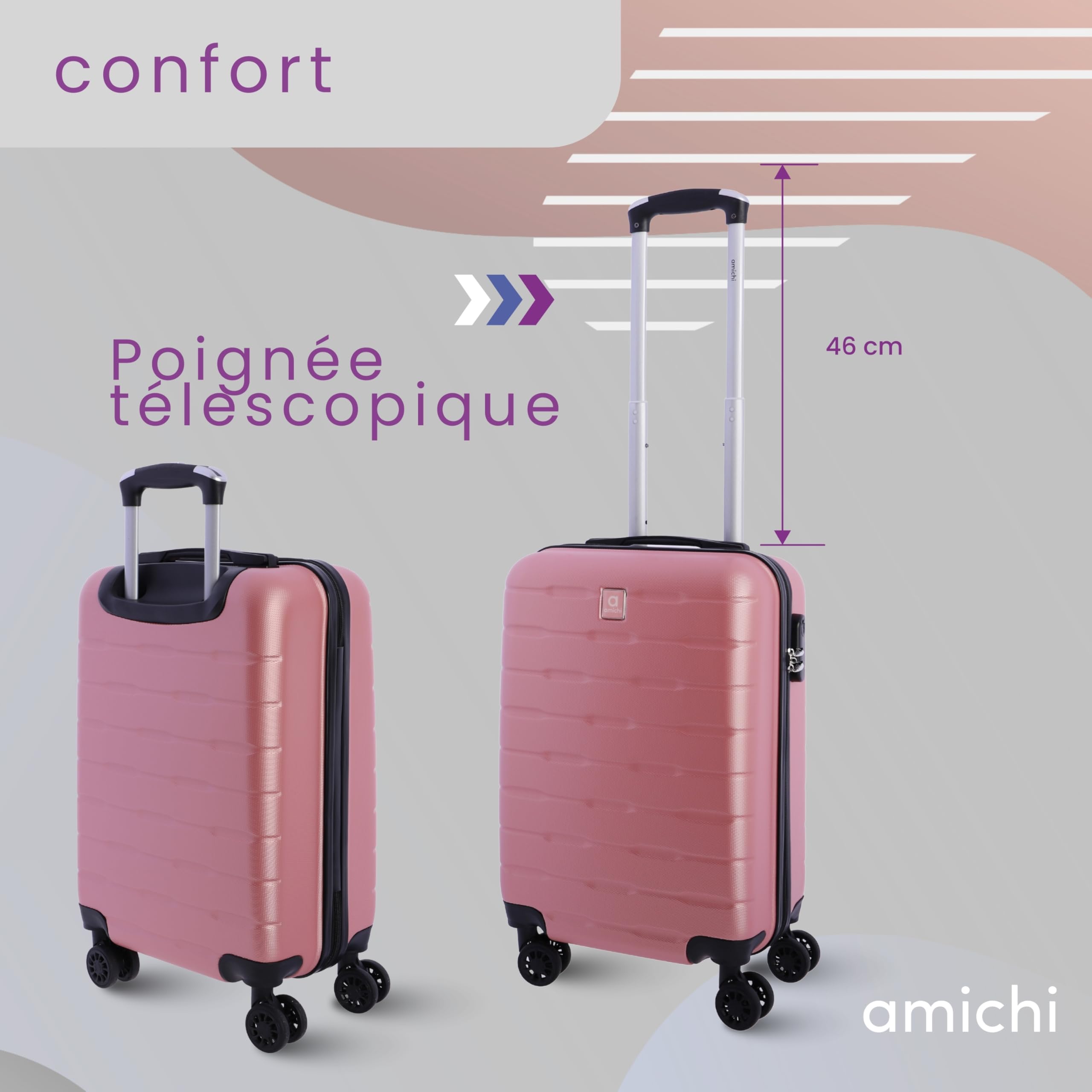 AMICHI - Valigia per cabina rigida 55 x 40 x 20 | bagaglio a mano leggero a 4 ruote 360 º | compatibile con Ryanair, EasyJet e Plus | ideale per week-end, affari o voli brevi