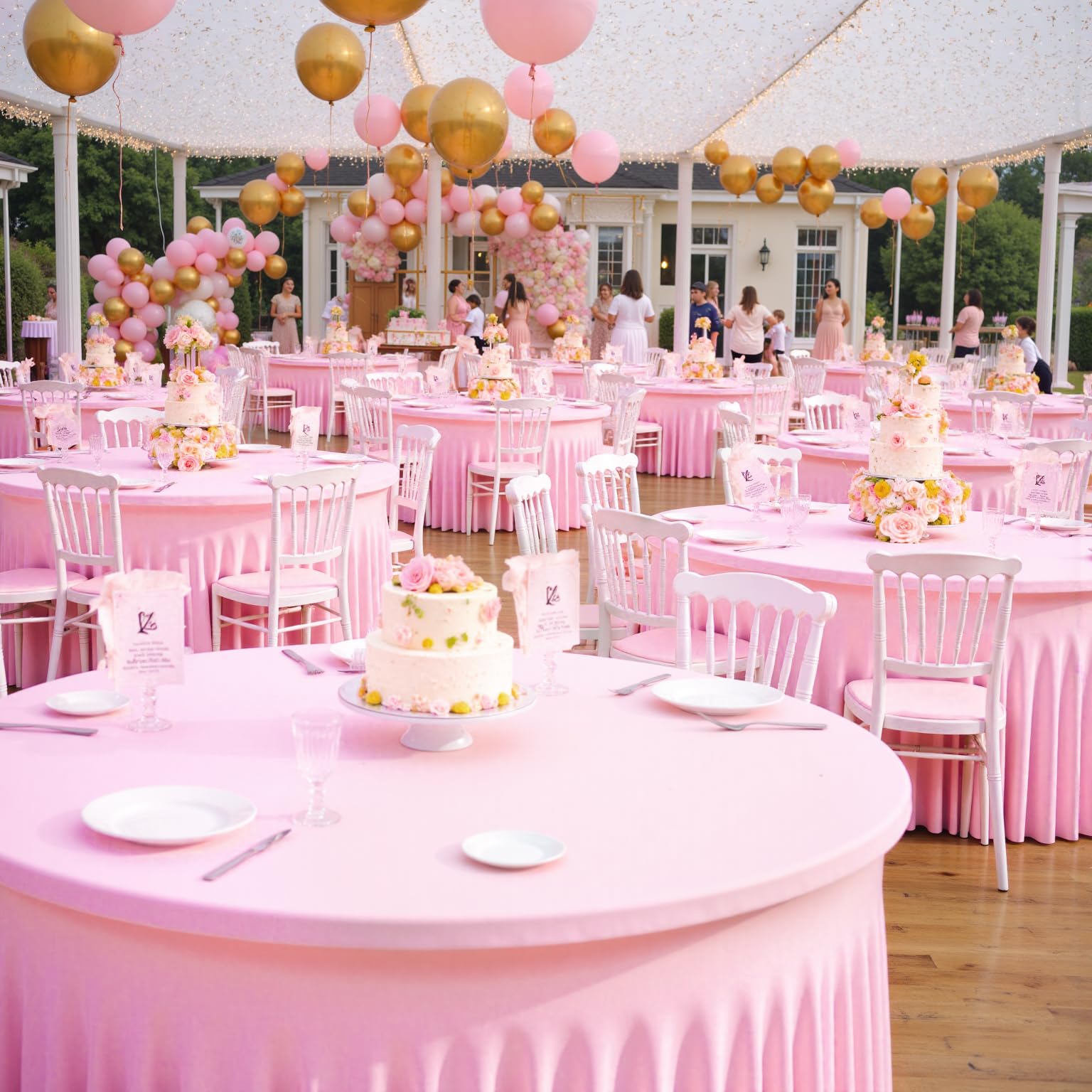 Photo 1 of *COUNT UNKNOWN** Outpain Spandex Pink Round Tablecloths for 60in Tables, 120Inch Stretchy Fitted 5FT Round Table Clothes,Wrinkle Free Table Cover with Skirt for Wedding Party Dining Banquet