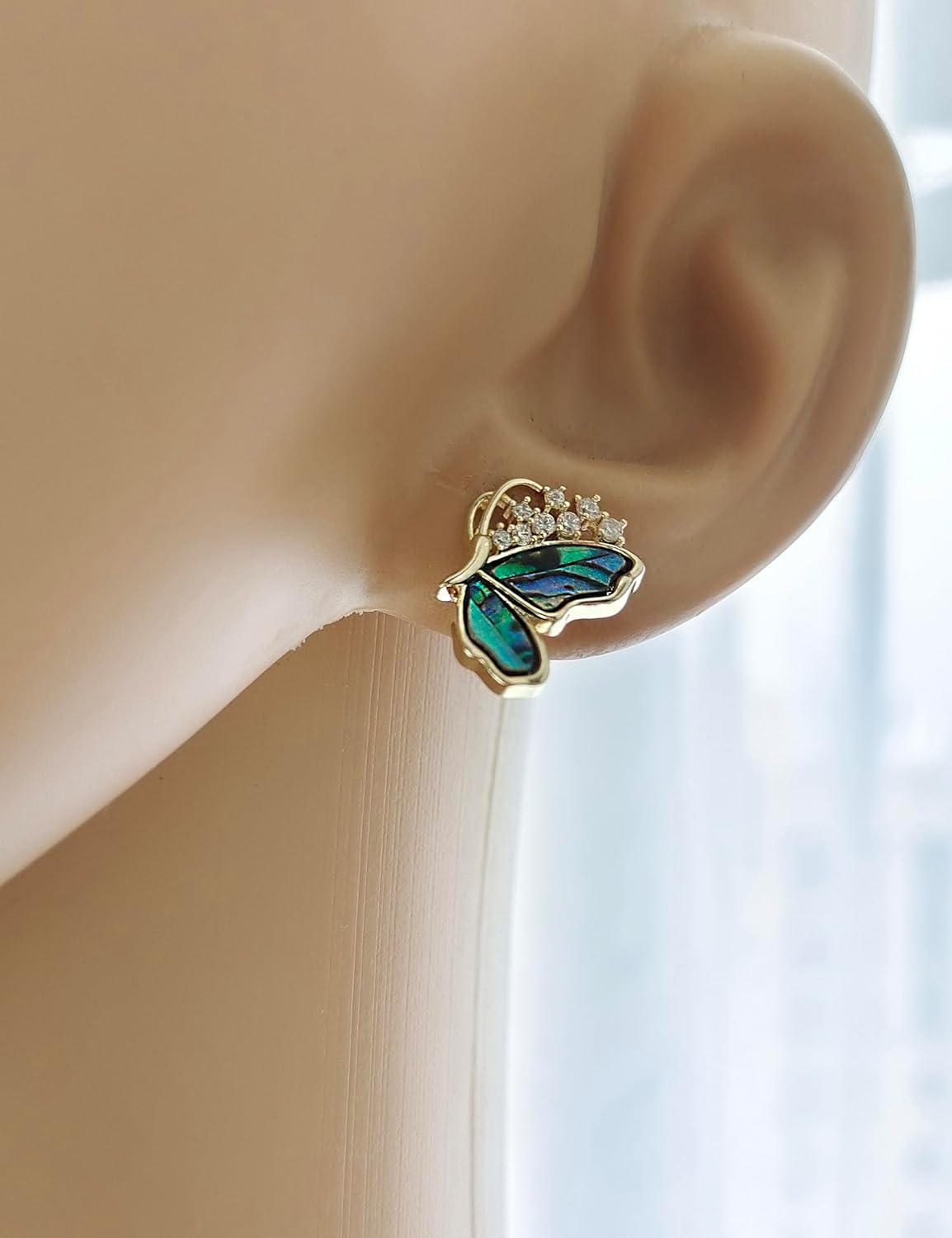 Abalone Shell Butterfly Stud Earrings for Women - Cubic Zirconia Crystals Half Butterfly Earrings in 14K Gold - Image 5