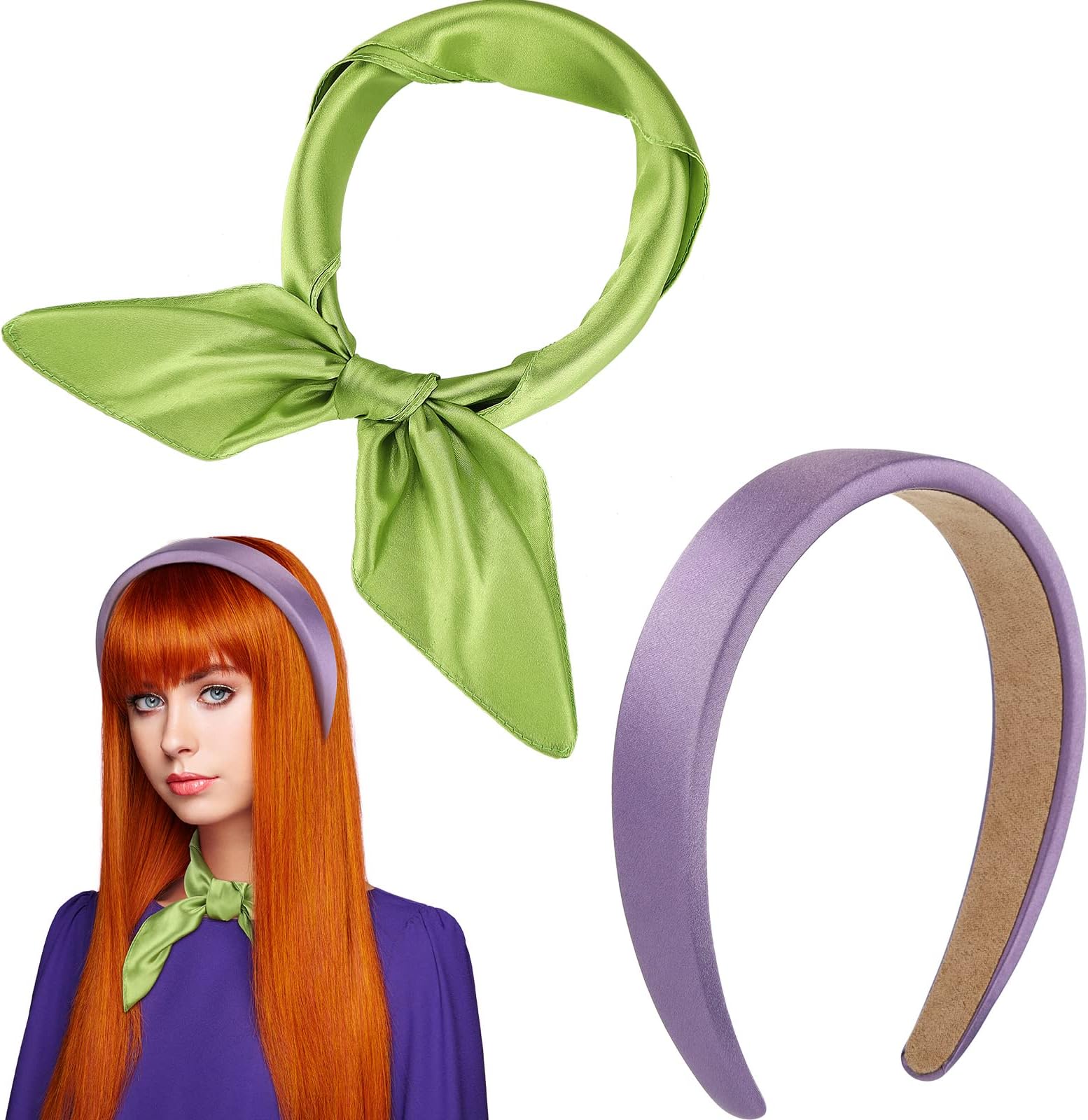 Yilloog Purple Satin Headbands and Green Silk Scarf Set, Halloween Cosplay Costume Non Slip Hair Bands Solid Color Square Neckerchief for Women Girls Halloween Dressing Daily Wearing