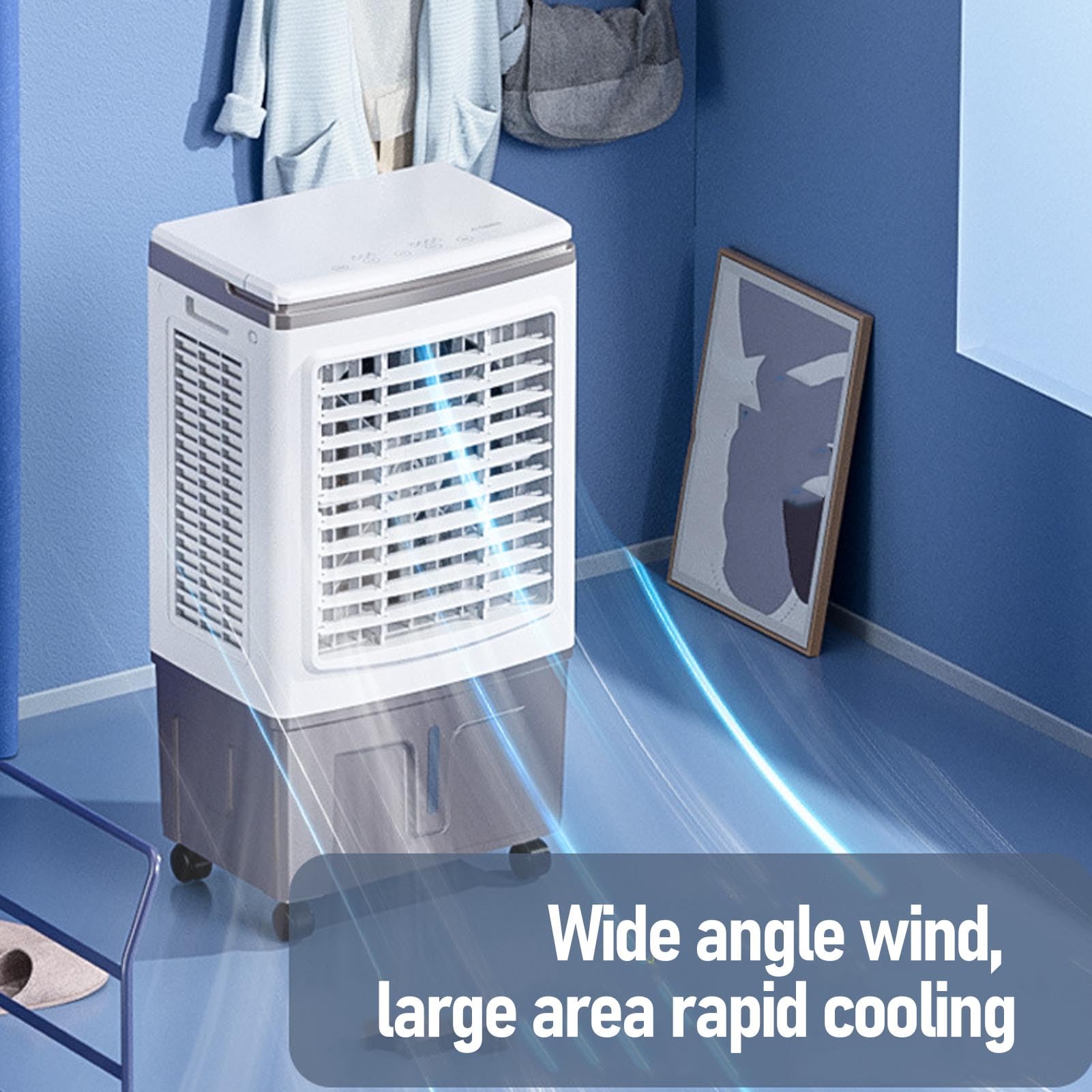 Verdunstungsluftkühler, 26 L, Tragbar, 3000 M³/h, Automatisch Oszillierender 3-in-1-Befeuchtungskühlventilator mit 3 Geschwindigkeiten, 2 Kühlakkus für die Garage Im Home Office (EU-Stecker