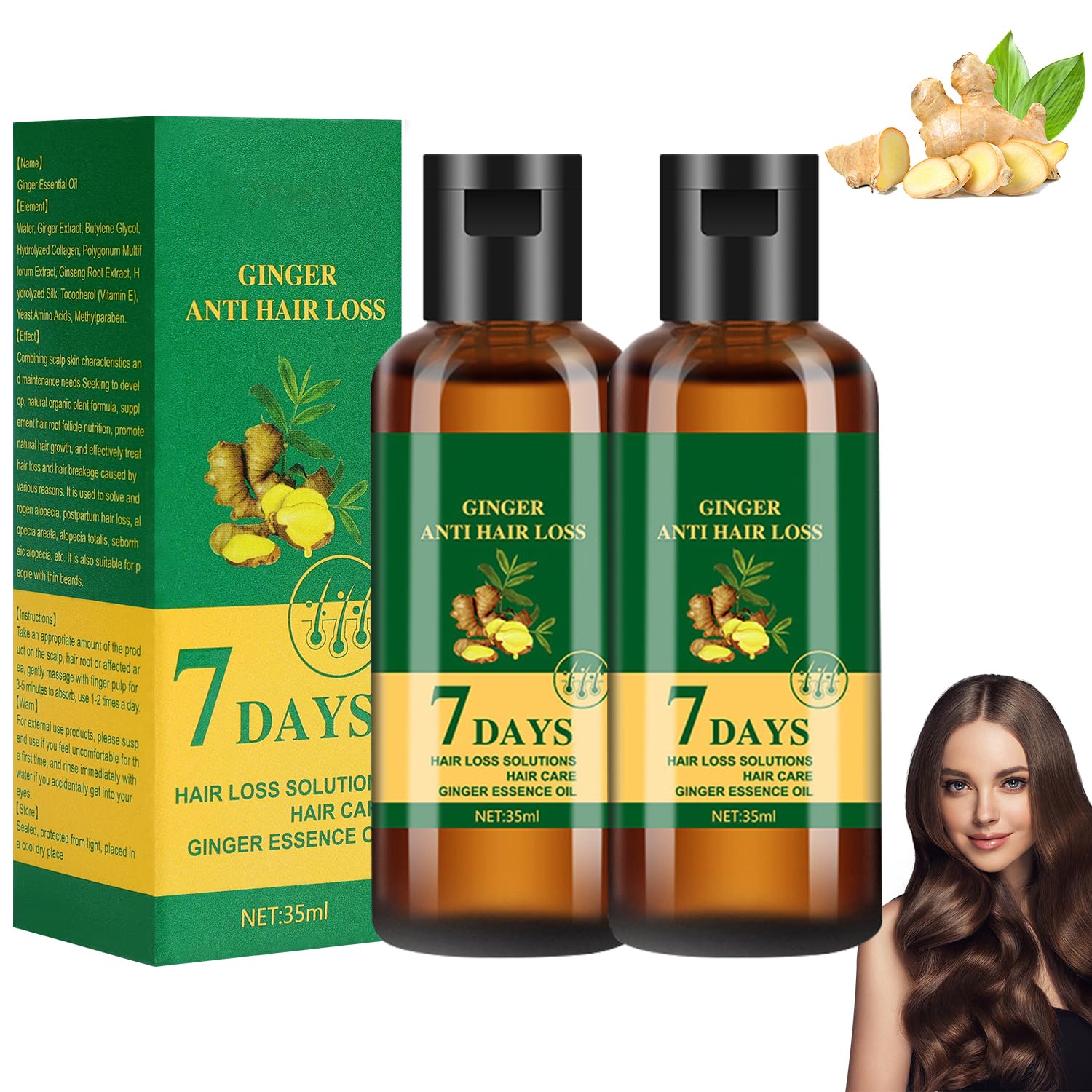 Lidoria Ginger Anti Hair Loss 7 Days, Hair Growth Oil, Repair Damaged Hair for Stronger Thicker Longer Hair (2Pcs)
