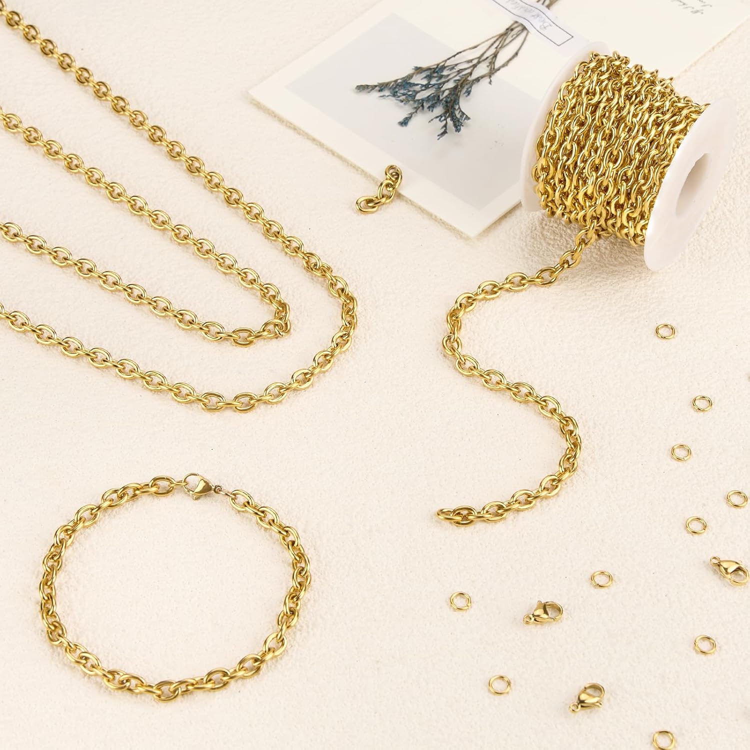 YOUBEIYEE 5 Meters Gold Plated Stainless Steel Chain on Spool Unwelded Cross Link Chain with Jump Rings and Lobster Clasps - Image 5