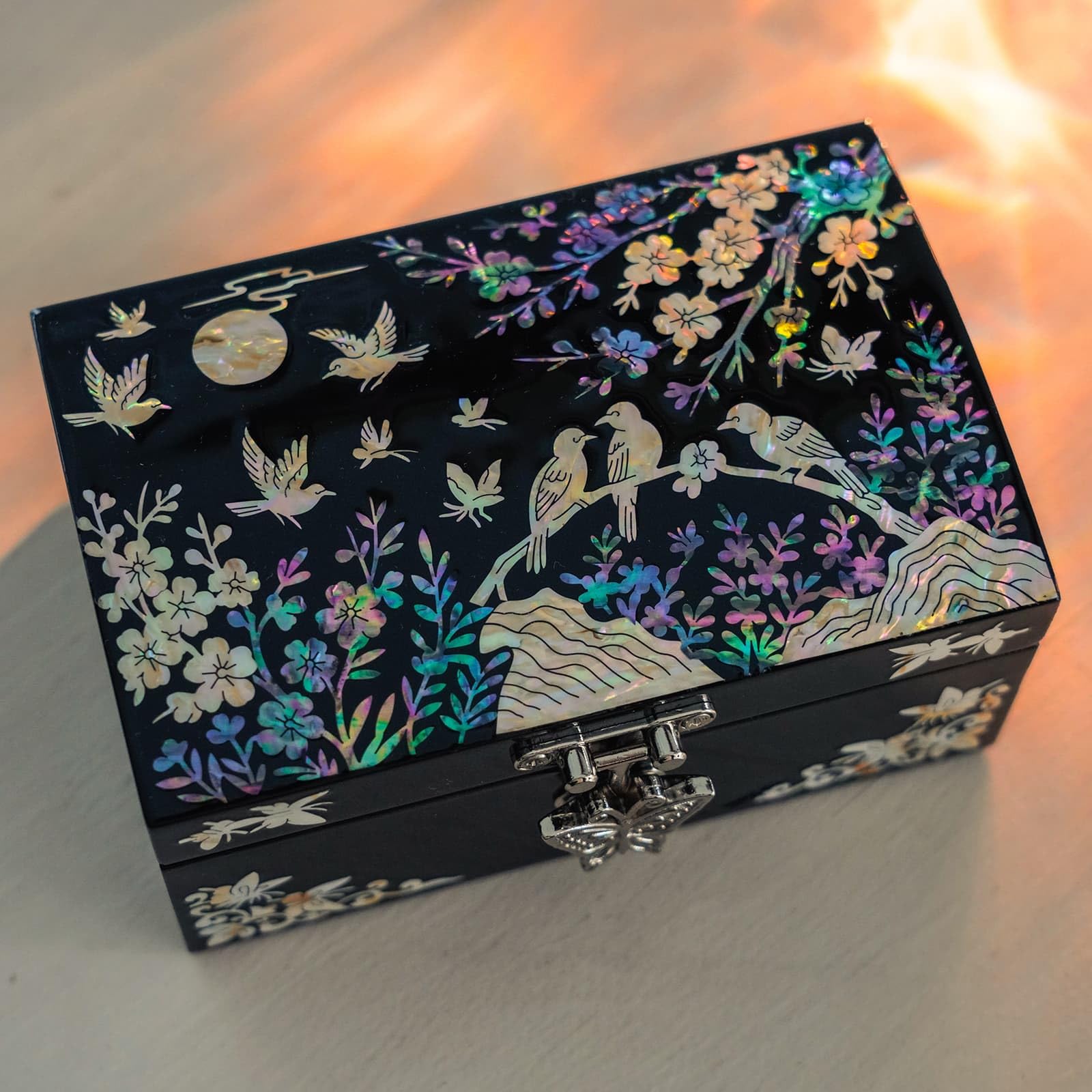 February Mountain Perlmutt Kleine Schmuckschatulle mit Spiegeldeckel, Schmuck-Organizer für Ohrringe, Halsketten, Ringe, Armbänder und Accessoires, Geschenke für Frauen, die alles haben (Birds)