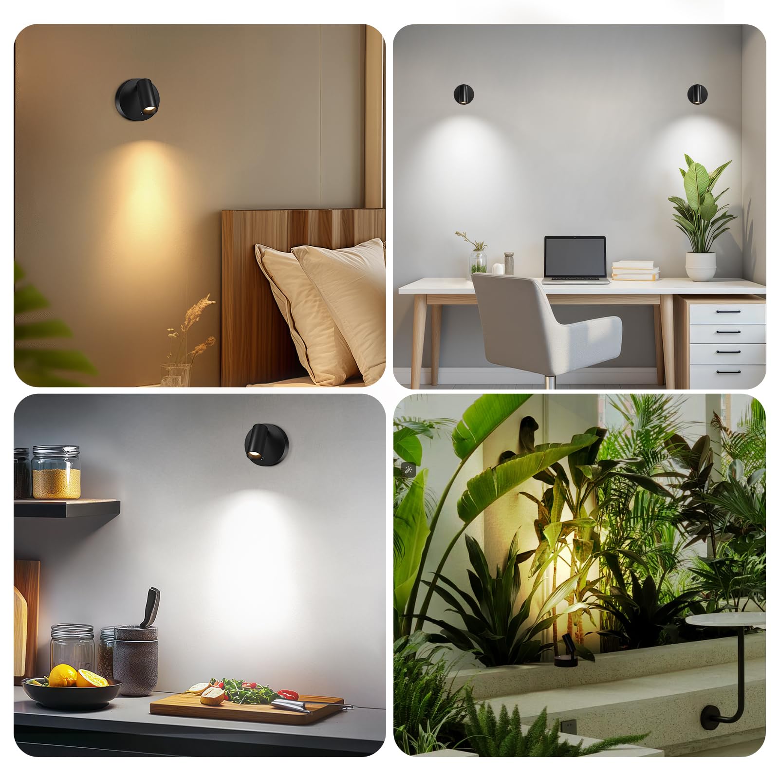 Aplique Pared Interior Regulable, Lampara Pared sin Cable con Control Remoto - 3 Modos de Luz Foco LED con Ajuste de Brillo Ajuste Ángulo 350° para Plantas, Pintura y Obras de Arte, 1 Unidad