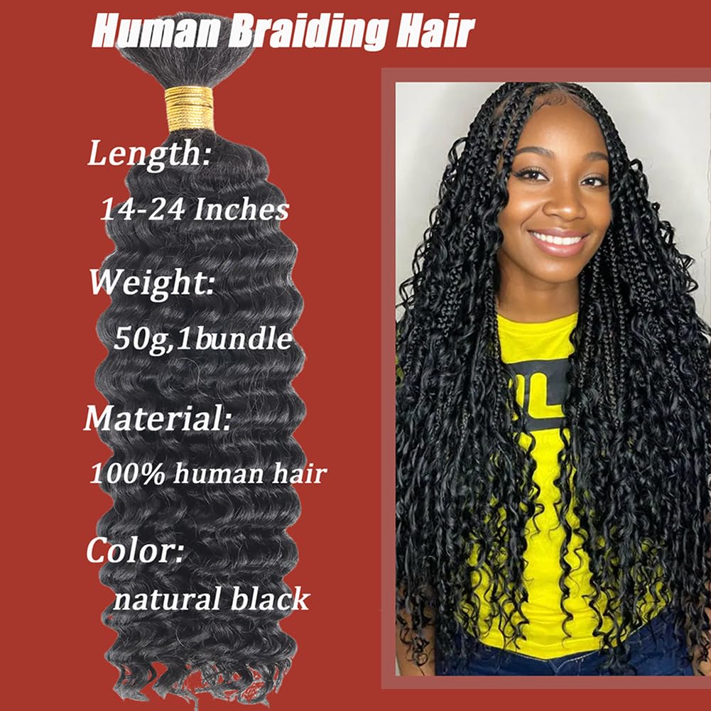 Human Braiding Hair 50g Deep Curly Wave Bulk Human Hair for Braiding No Weft Bundle Brazilian Virgin Curly Human Hair Extensions for Boho Braids Wet and Wavy Human Hair Braiding Hair Natural Color