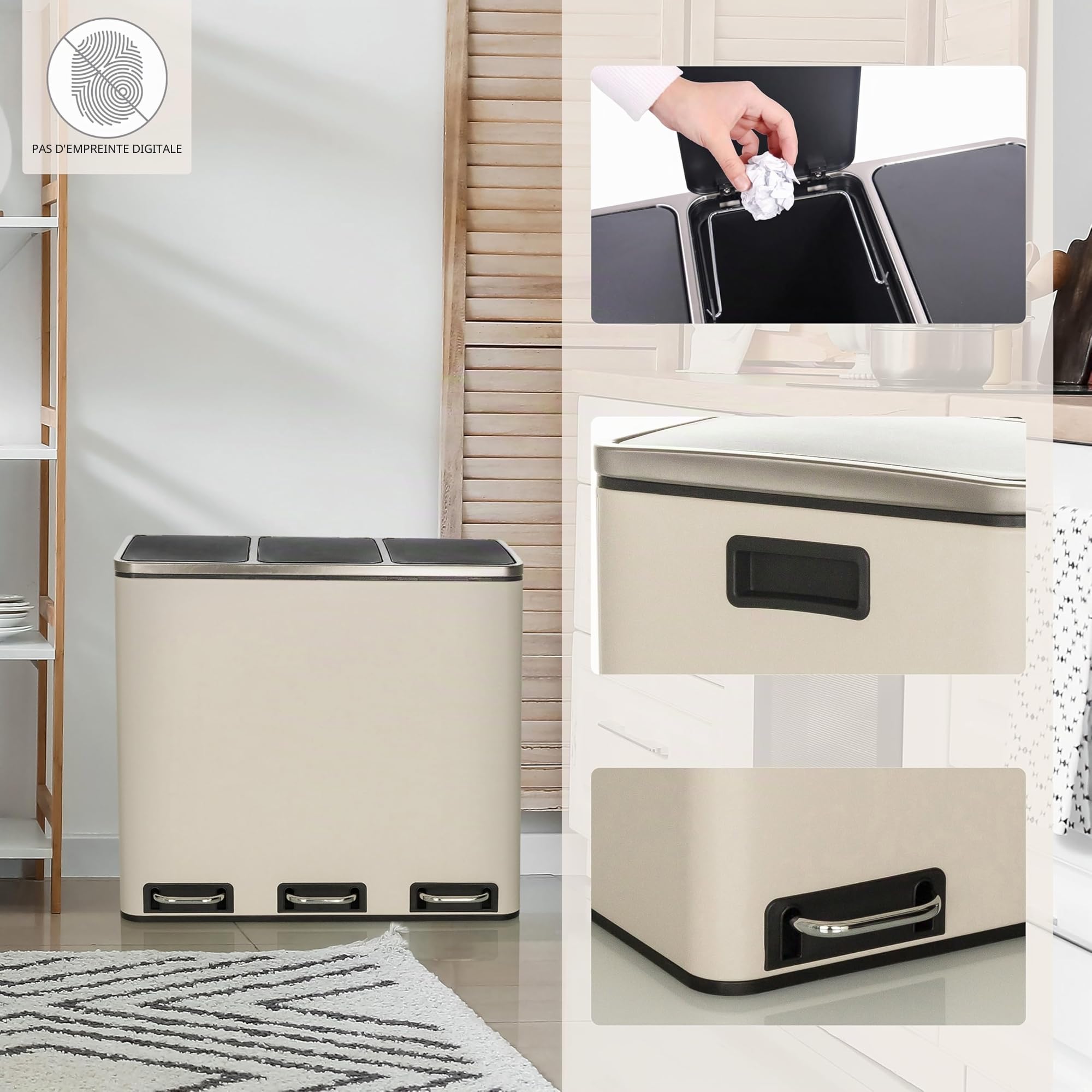 hjh OFFICE Poubelle CLEAN IX acier, Système de tri sélectif 3 x 18L, Poubelle avec Softclose, Poubelle à pédale universelle, blanc, 741102