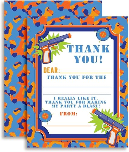 AmandaCreation - Notas de agradecimiento con temática de pistola de dardos para niños, diez tarjetas en blanco de 4 x 5.5 pulgadas con 10 sobres
