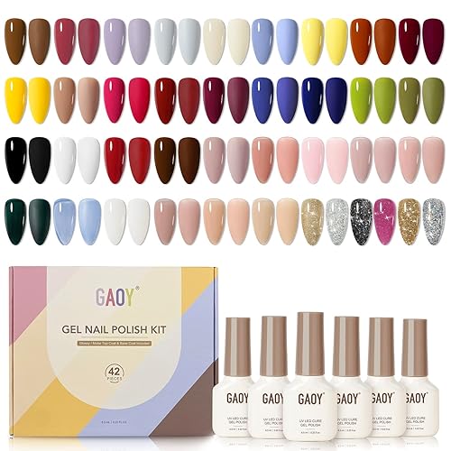 GAOY 42 Pcs Gel Nail Polish Kit, Black Brown Red Glitter Jelly Colors All Seasons Gel Nail Polish Set with Glossy & Matte Top Coat and Base Coat for Salon and DIY Manicure at Home - Four Seasons Series-A