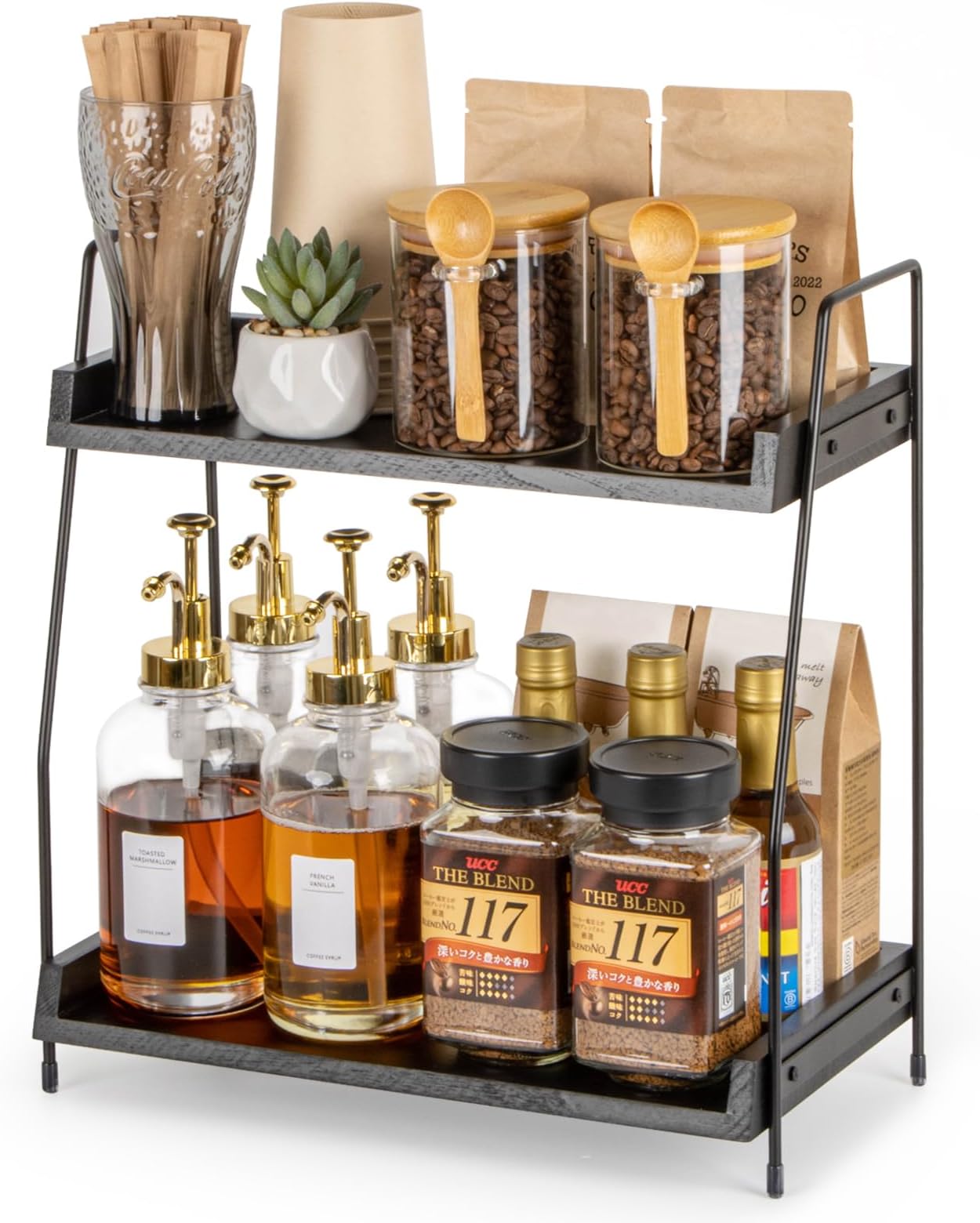 ANBOXIT Coffee Station Organizer for Countertop, Wooden Kitchen Counter Shelf, 2 Tier Hot Chocolate Station Organizer, Coffee Bar Accessories, Countertop Shelf for Kitchen, Home, Office - Black