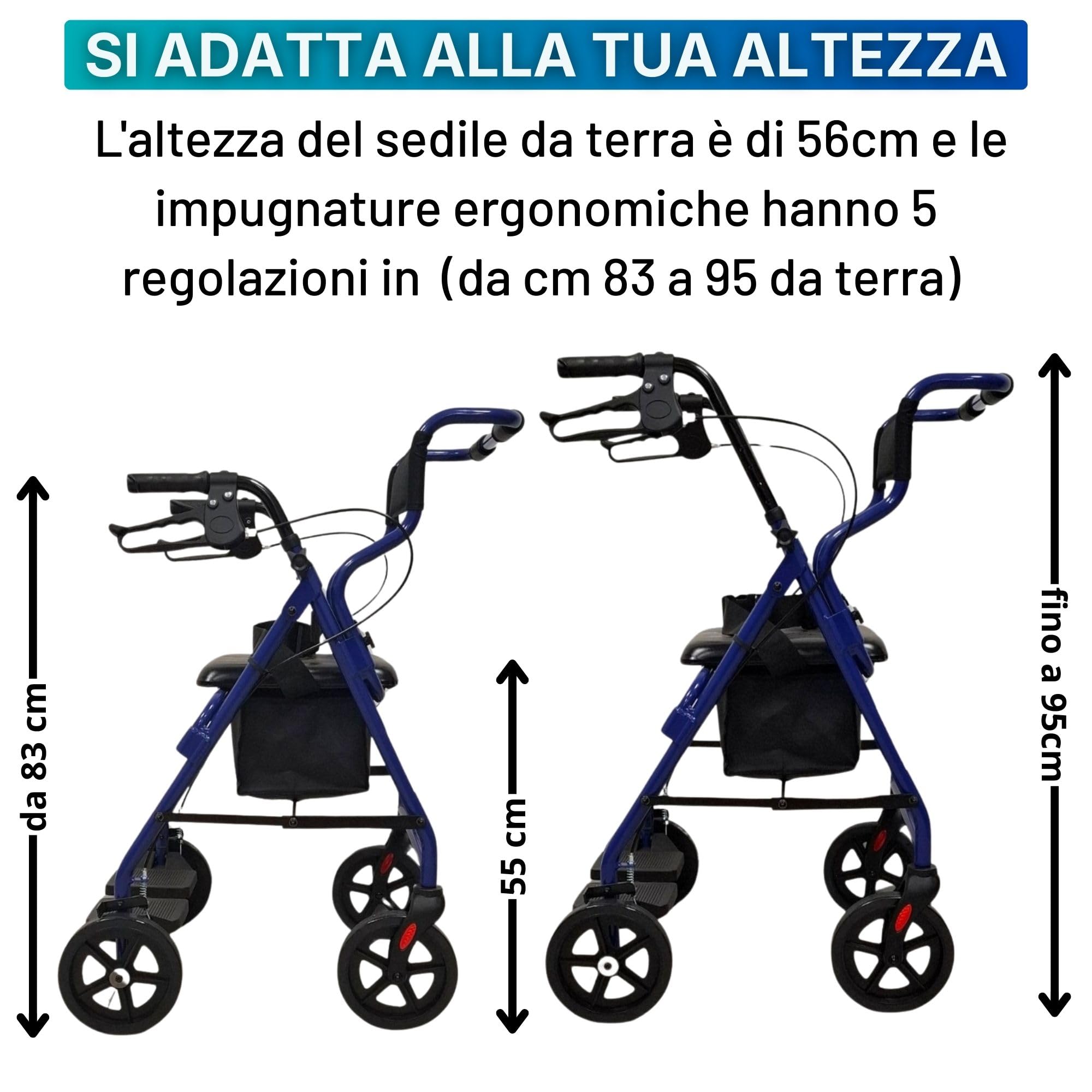 TERMIGEA RO30 - Deambulatore per Anziani con Seduta, Carrello per Anziani per Camminare Pieghevole in Alluminio (Portata 136KG) con Freni Ruote Posteriori e di Stazionamento, Impugnatura Ergonomica
