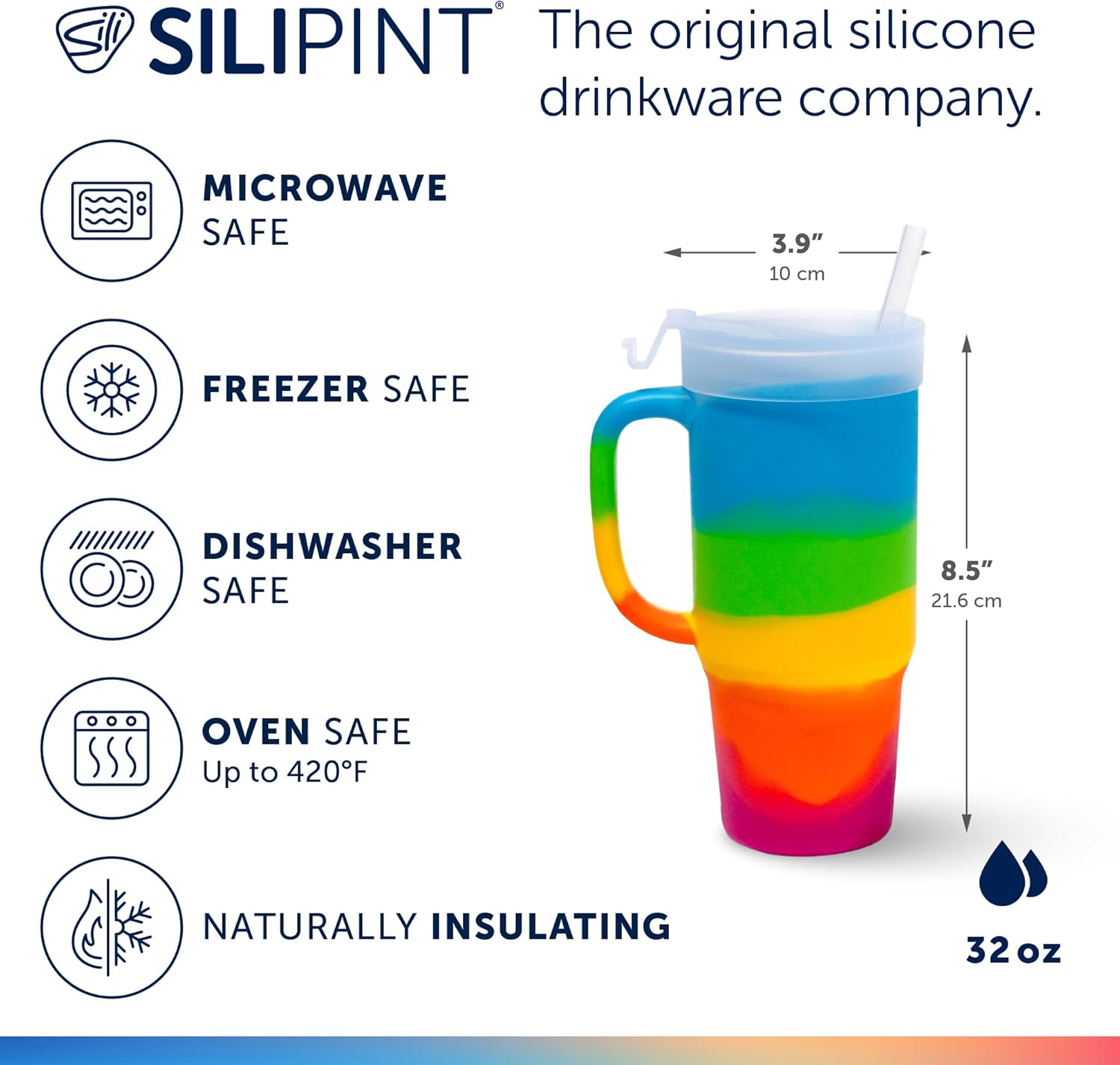 Silipint 32oz Silicone Tumbler with Handle, Flip Lid and Straw – BPA-Free, Non-Toxic, Freezer, Microwave, Dishwasher Safe Tumbler – Perfect for Tea, Smoothies (Prism) Pack of 1