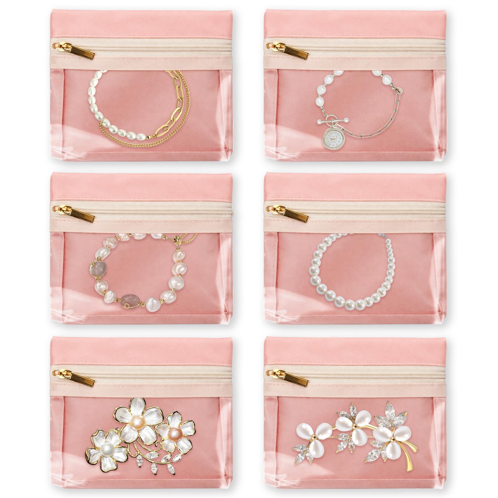Payuanraoti Pink Velvet Jewellery Pouches With Zippers, 6Pcs Velvet Pouches For Jewellery Storage, Portable Travel Jewelry Pouch Set For Necklaces, Rings, Earrings, Business Trips And Everyday Use