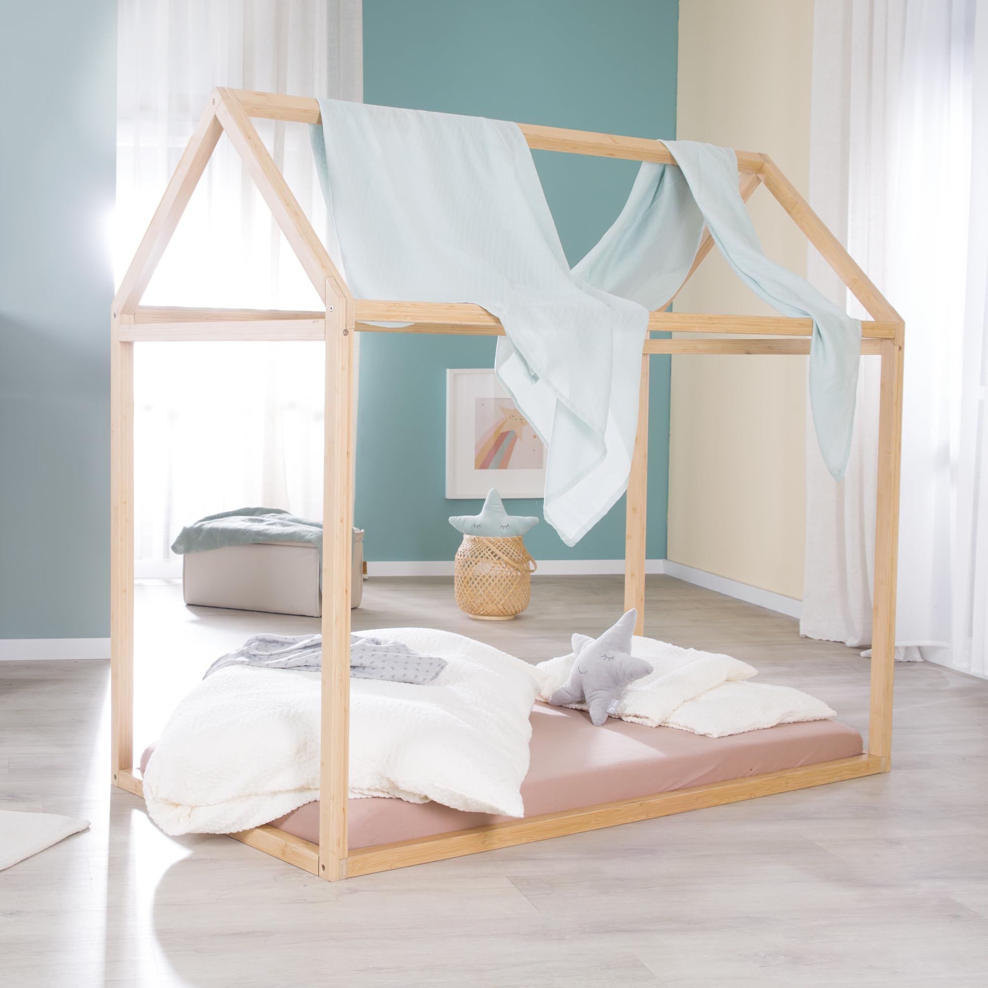 roba Hausbett Montessori 70 x 140 cm - Kinderbett aus FSC zertifiziertem Massivholz - Bambus natur