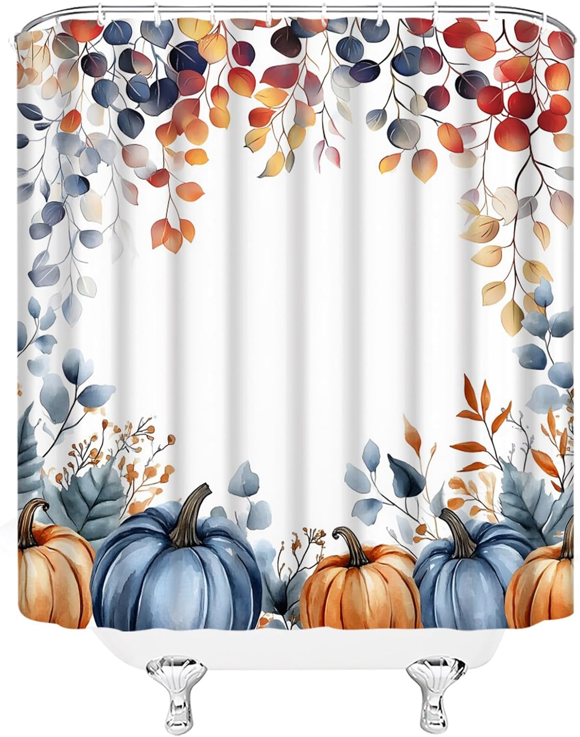 Fall Pumpkin Shower Curtain Autumn Thanksgiving Eucalyptus Leaves Pumpkins Harvest,Orange Blue 70" Wx84 H Fabric Bathroom Decor Curtain with Hooks
