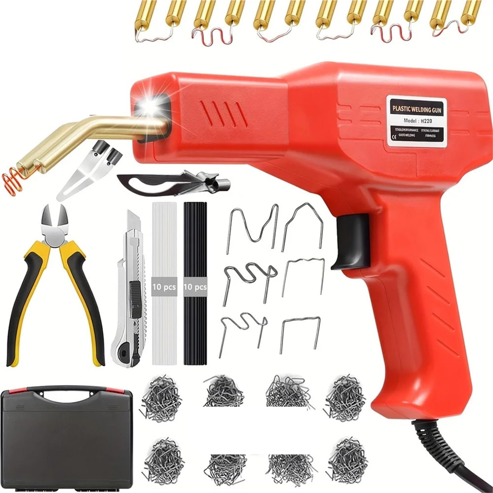 Saldatrice per plastica Saldatore di plastica 220W / 50W Kit saldatura 2 in 1 riparazione paraurti auto con cucitrice a caldo(1225Pcs)