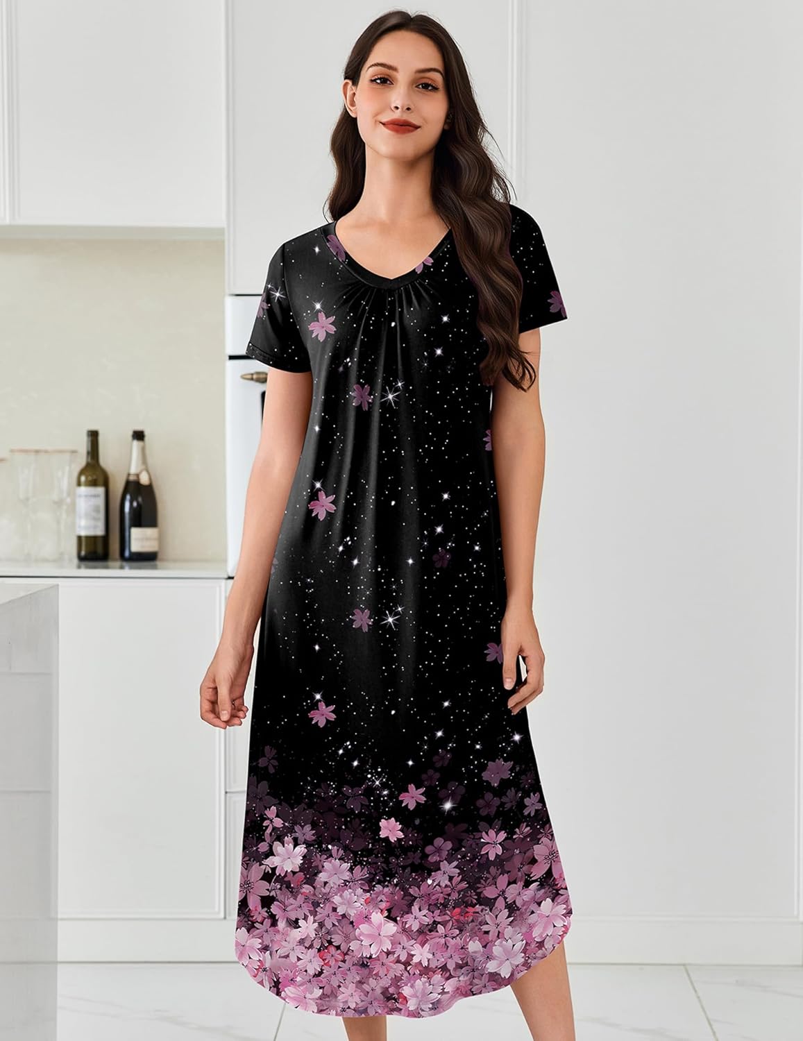 Ekouaer 3 Pack Long Nightgowns for Women Plus Size House Dress Short Sleeve Night Gown V Neck Casual Nightshirt M-5XL - Image 4