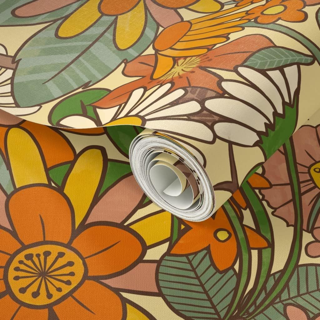 Spoonflower Peel & Stick Wallpaper Swatch - Flowers Vintage Mushrooms Groovy Flower Power Earth Tones Custom Removable Wallpaper