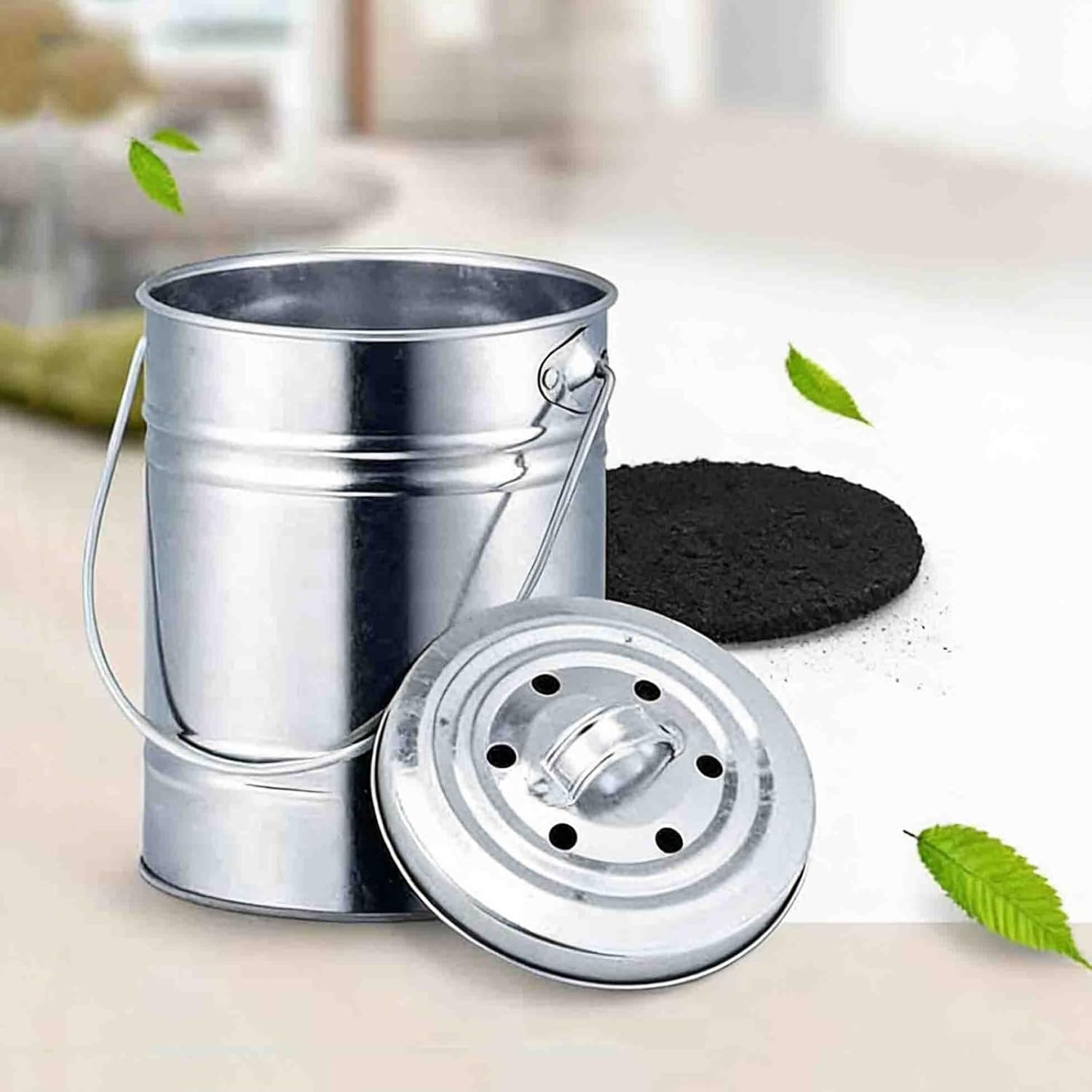 Metal Food Waste Bucket, Kitchen Compost Bin Indoor with Lid, Compost Pail Countertop with Plastic Bucket Liner, Compost Bucket Composter Container for Food Waste (Sliver)