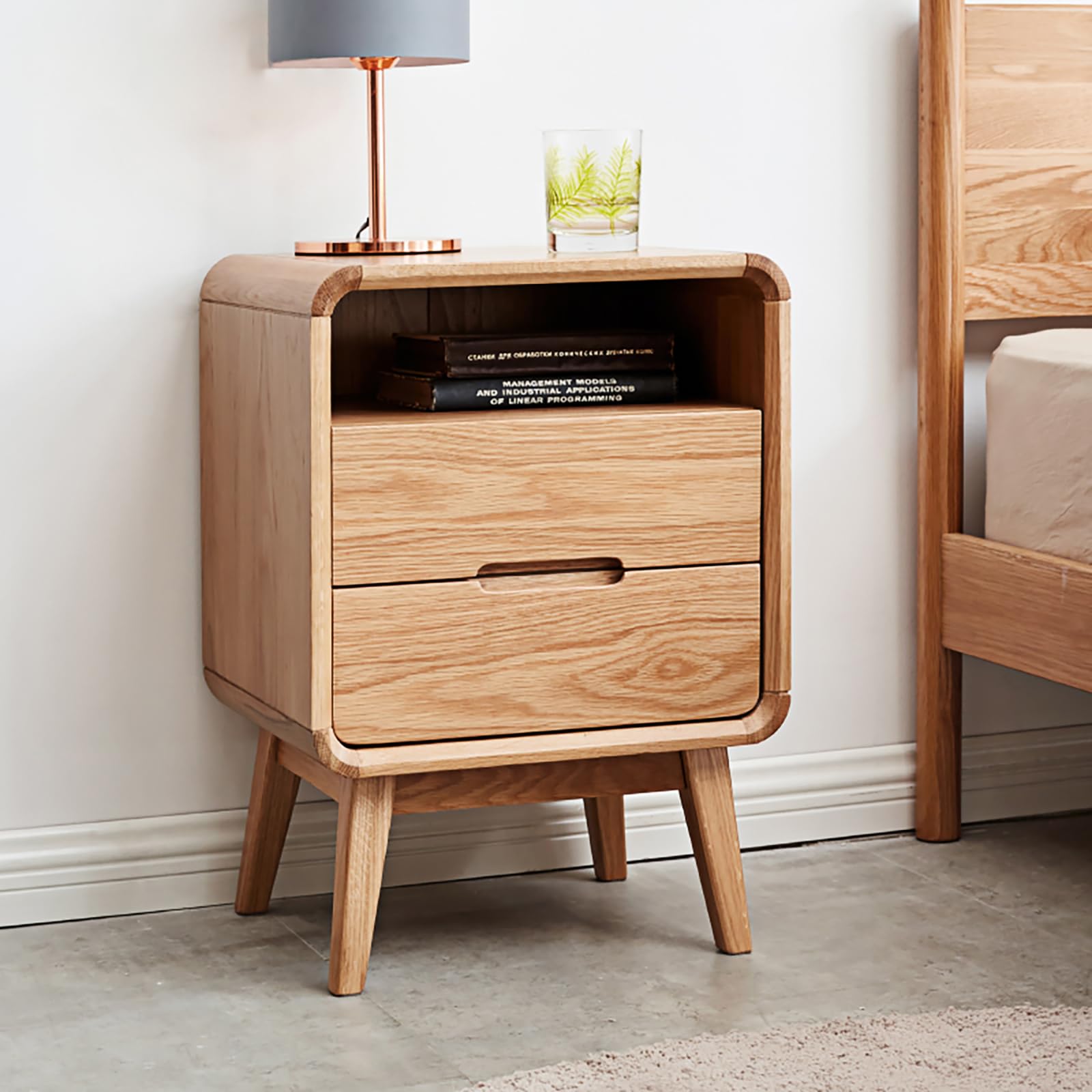solid wood nightstand, mid century modern small nightstand with two drawers, small night stand with open shelf, oak bedside table for bedroom, dorm(natural wood color)