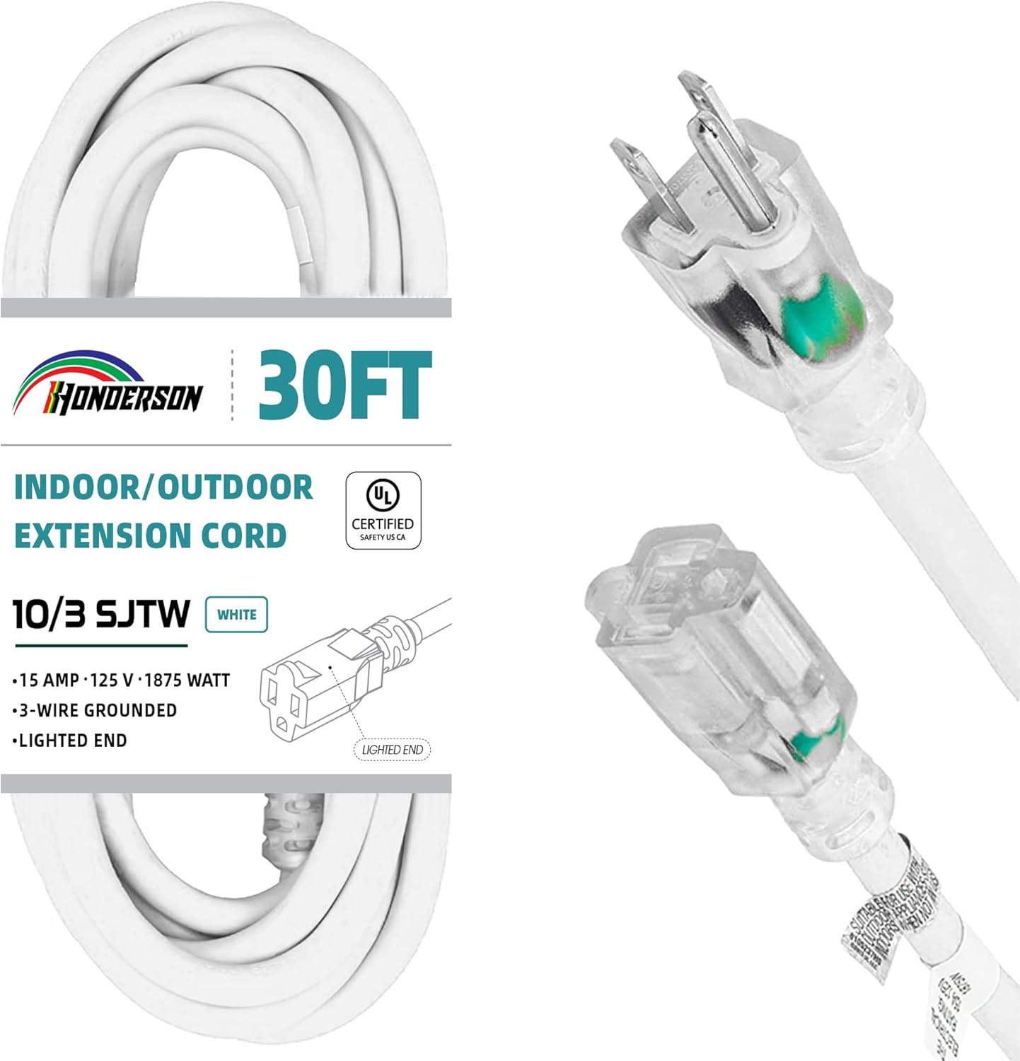 HONDERSON 30 FT 10/3 White Outdoor Extension Cord,10 Gauge