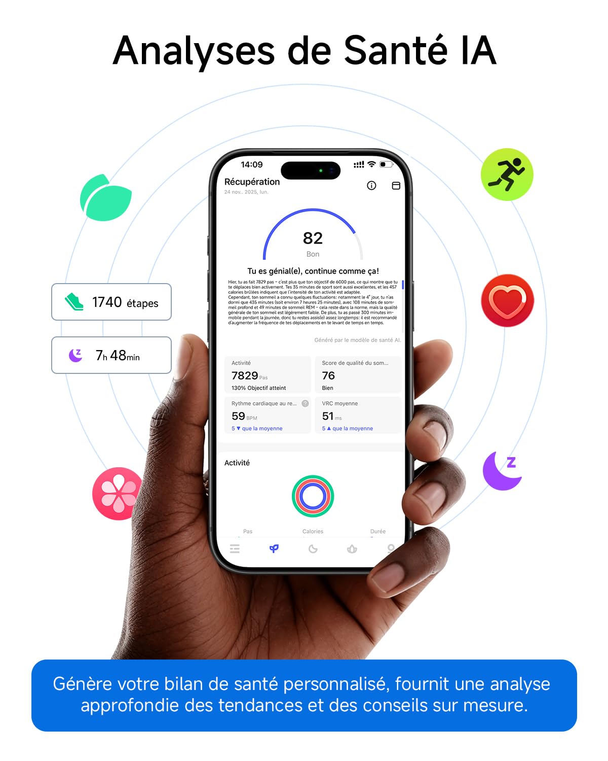 HOU Bague Connectée Homme Femme, Smart Ring sans Abonnement, Anneau de Santé IA avec Suivi du Sommeil, Fréquence Cardiaque, SpO2 & Stress, Étanche 5ATM, iOS/Android (Céramique Noire, Taille US 12)