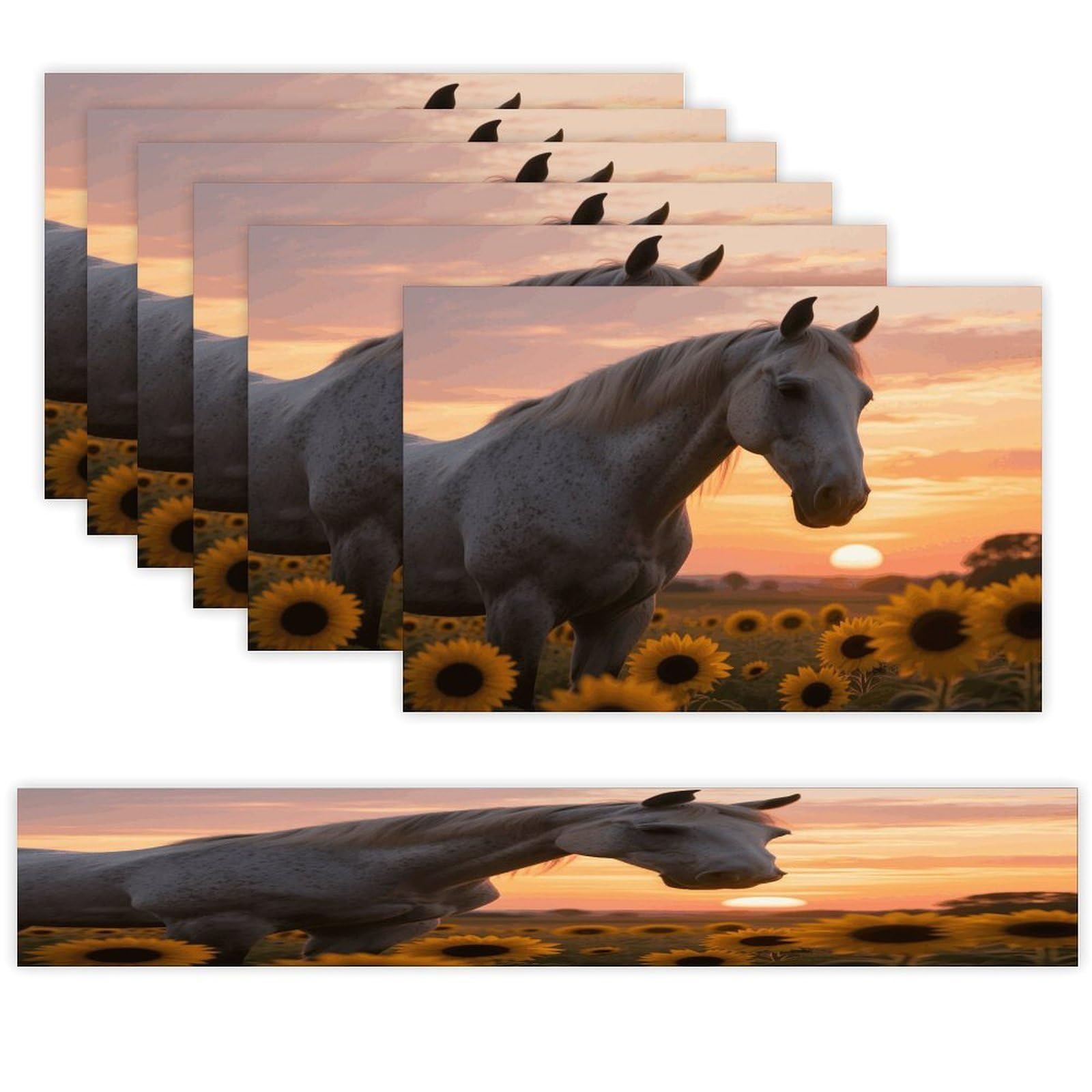 Sunset Horse Sunflowers Table Runner and Placemats Set of 7 Linen Table Mat Non-Slip Place Mats Washable Placemat Heat Resistant Place Mat with Table Runner for Party Dining Decor