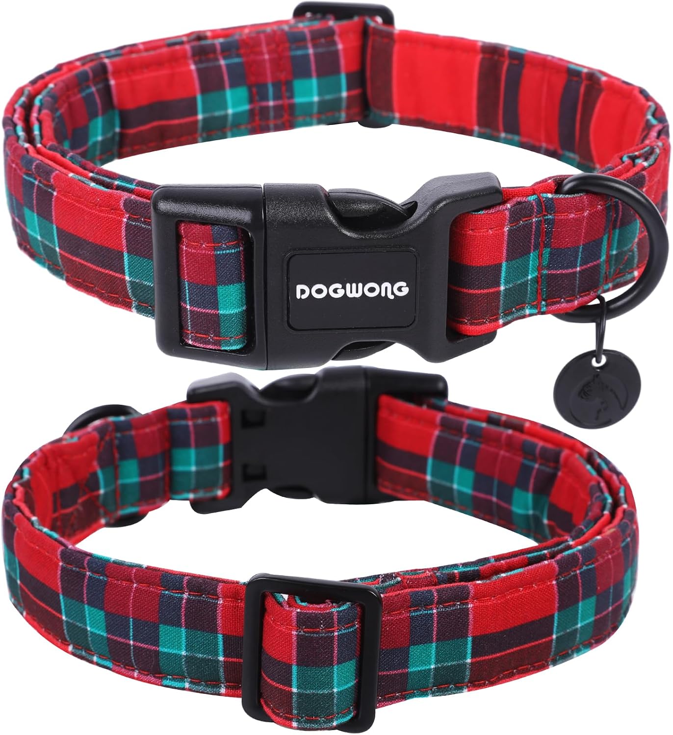 DOGWONG Christmas Cotton Dog Collar, Red Green Tartan Christmas Dog Collar Durable Soft Fabric Pet Dog Collars Cute Red Green Plaid Necklace for Small Mediu Dogs image 2