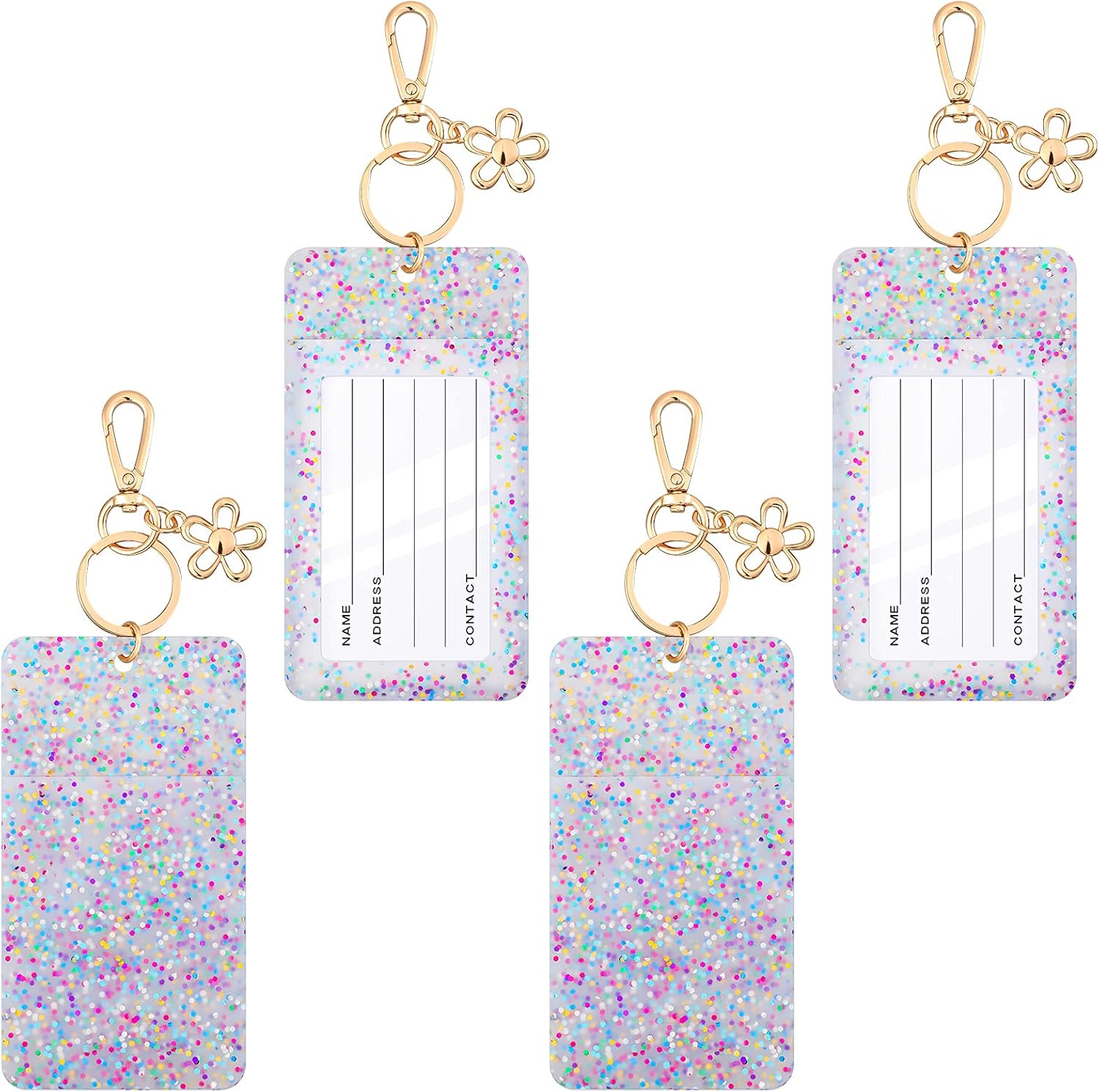 4 Pcs Glitter ID Badge Holder ID Badge Clip Key Chain for Teacher Cute Card Keychain Pink Silicon Holder with Key Ring Gift for Women Student Teacher Nurse Doctor Office Coworkers