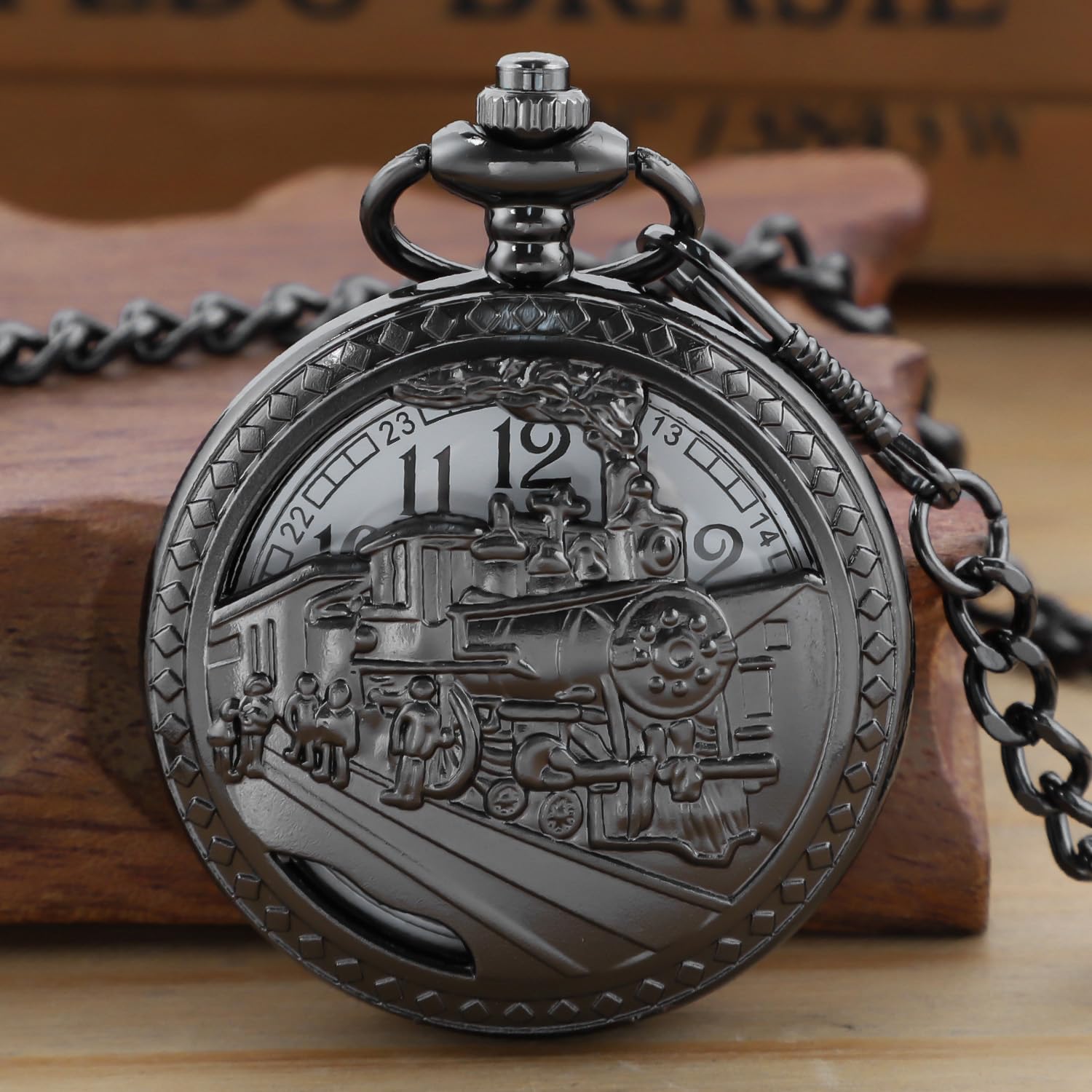 Realpoo Black Hollow Right Locomotive Quartz Men's Pocket Watch, Arabic Numeral White Dial Pocket Watch with Chain