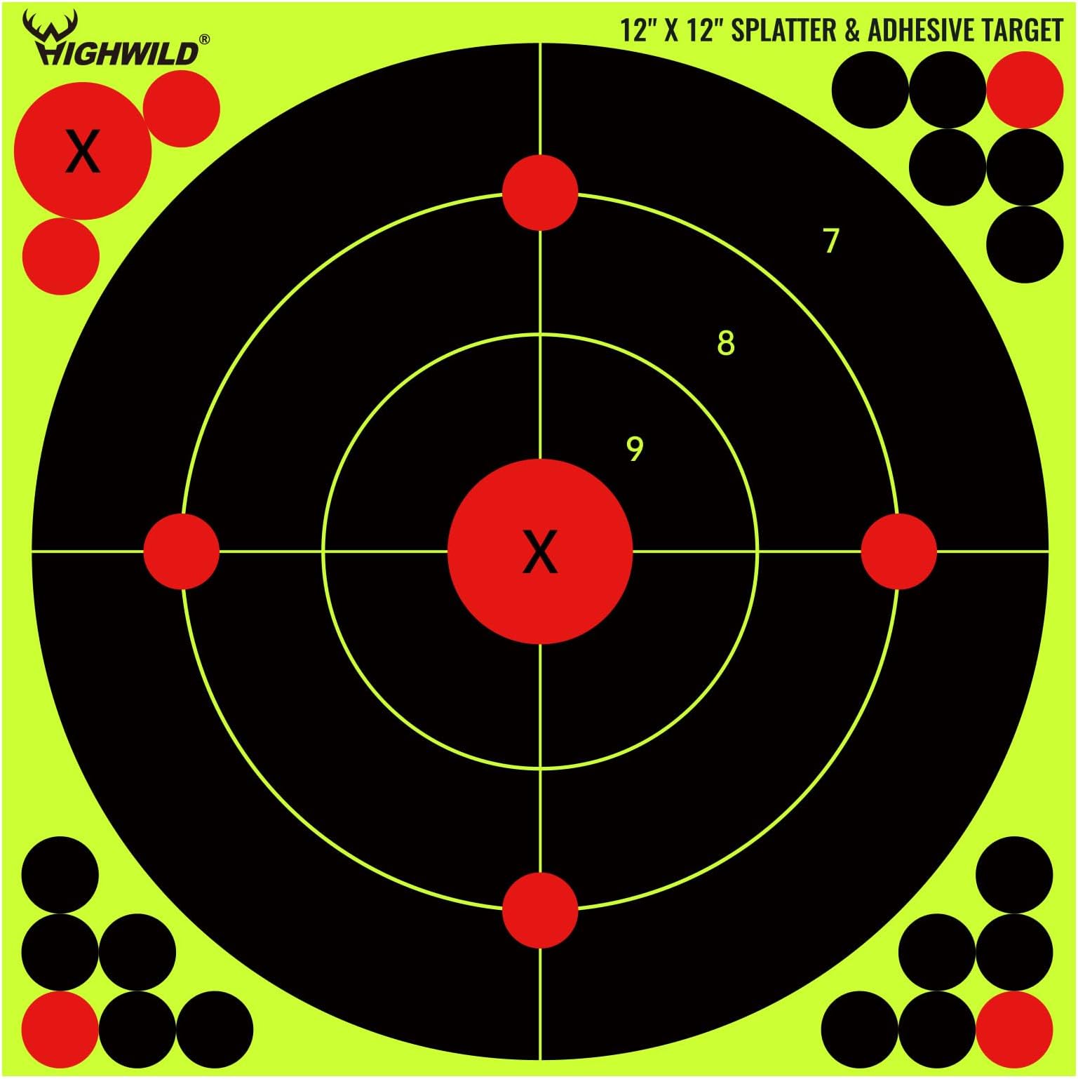 Highwild 12X12 Inch Splatter Adhesive Bullseye Fluorescent Yellow Shooting Target Stickers - Suitable for Handguns, Rifles, BB Guns, Airsoft, Pellet Guns