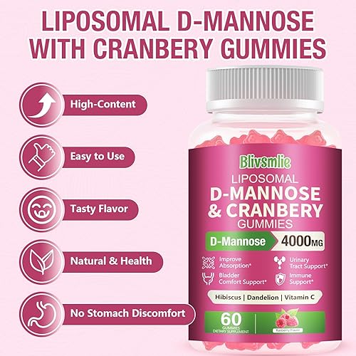 Miniatura 6 de Paquete de 2 gomitas liposomales D-manosa de 4000 mg complejo de arándano 1500 mg e hibisco, fórmula de alta potencia para mujeres tracto urinario y