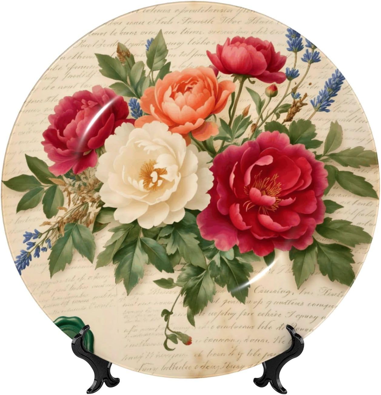 Vintage Rose Bouquet Art Style Ceramic Plate Display Decorative Plate With Stand Wall Hanging Plate For Home Decor 10 Inch