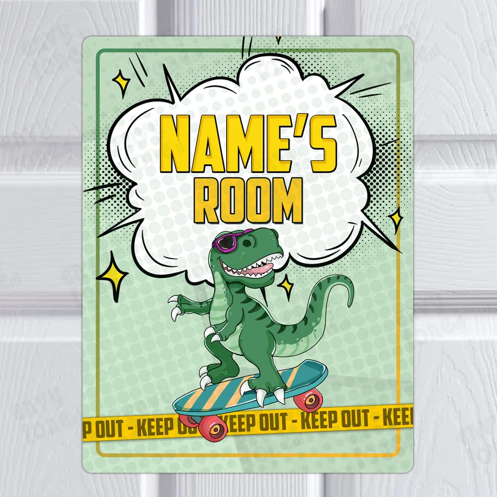 Personalised DINOSAUR Door Sign - Cool Tyrannosaurus Rex Dino Design - Plaque - Boys or Girls Kids Gift - Bedroom Decor Gaming Room or Playroom