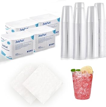 JollyPack 2000 Count White Beverage Napkins - 1-Ply 4.9 x 4.9 Folded and 300 Pack Clear Plastic Cups 10 OZ Disposable Heavy-duty Hard Drinking Cups for Christmas, Wedding, Home, Dinner and other Event