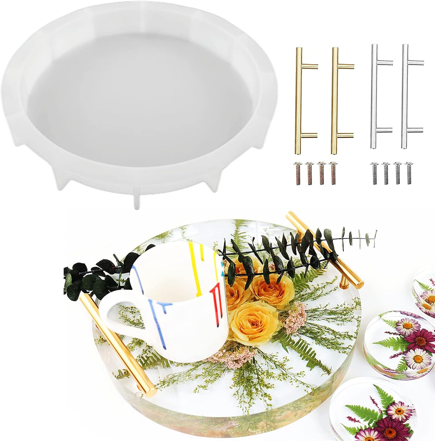 Large Silicone Tray Molds for Resin, 13.5"X1.9" Deep Round Epoxy Tray Molds with 4pcs Gold & Silver Handles, Resin Table Mold for River Board Table DIY Art Home Decoration