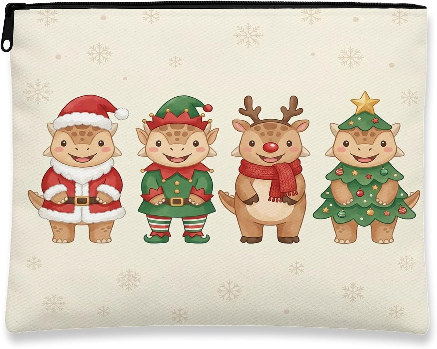 Christmas Ankylosaurus Makeup Bag, Cute Festive Funny Printed Cosmetic Travel Pouch for Women Girls, Xmas Portable Small Canvas Zipper Organizer 7x9 Inch