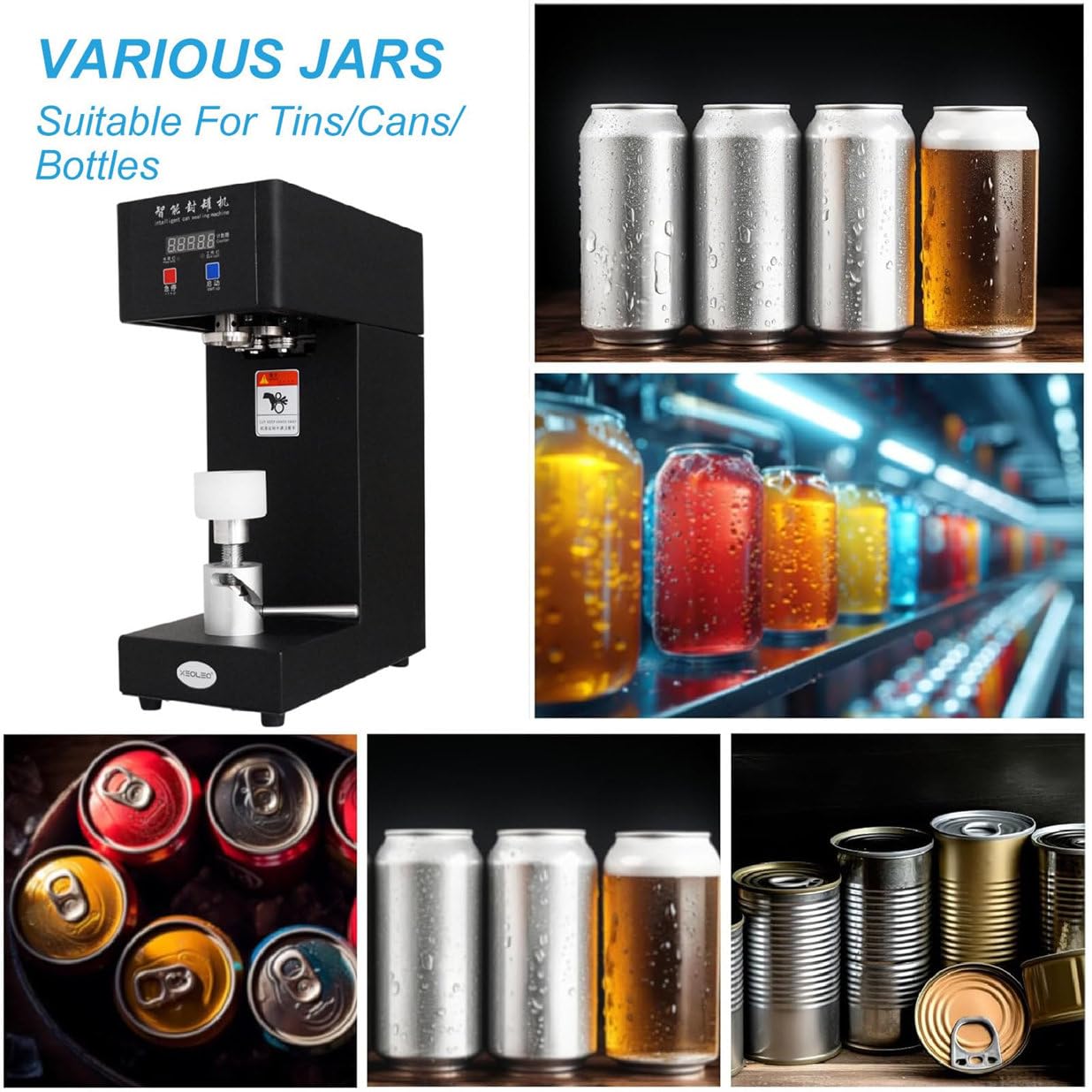 Commercial Can Sealing Machine, 180W Electric Cup Sealer with LCD Display, 2.2” Diameter & 3.7”-7.9” Height Adjustable, Automatic Beverage Sealer for Juice, Bubble Tea, Beer,Black