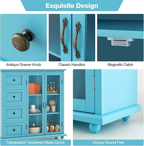 Miniatura 5 de Giantex Aparador de buffet con almacenamiento, armario de despensa de cocina con 2 puertas, 4 cajones, estante ajustable, armario independiente para