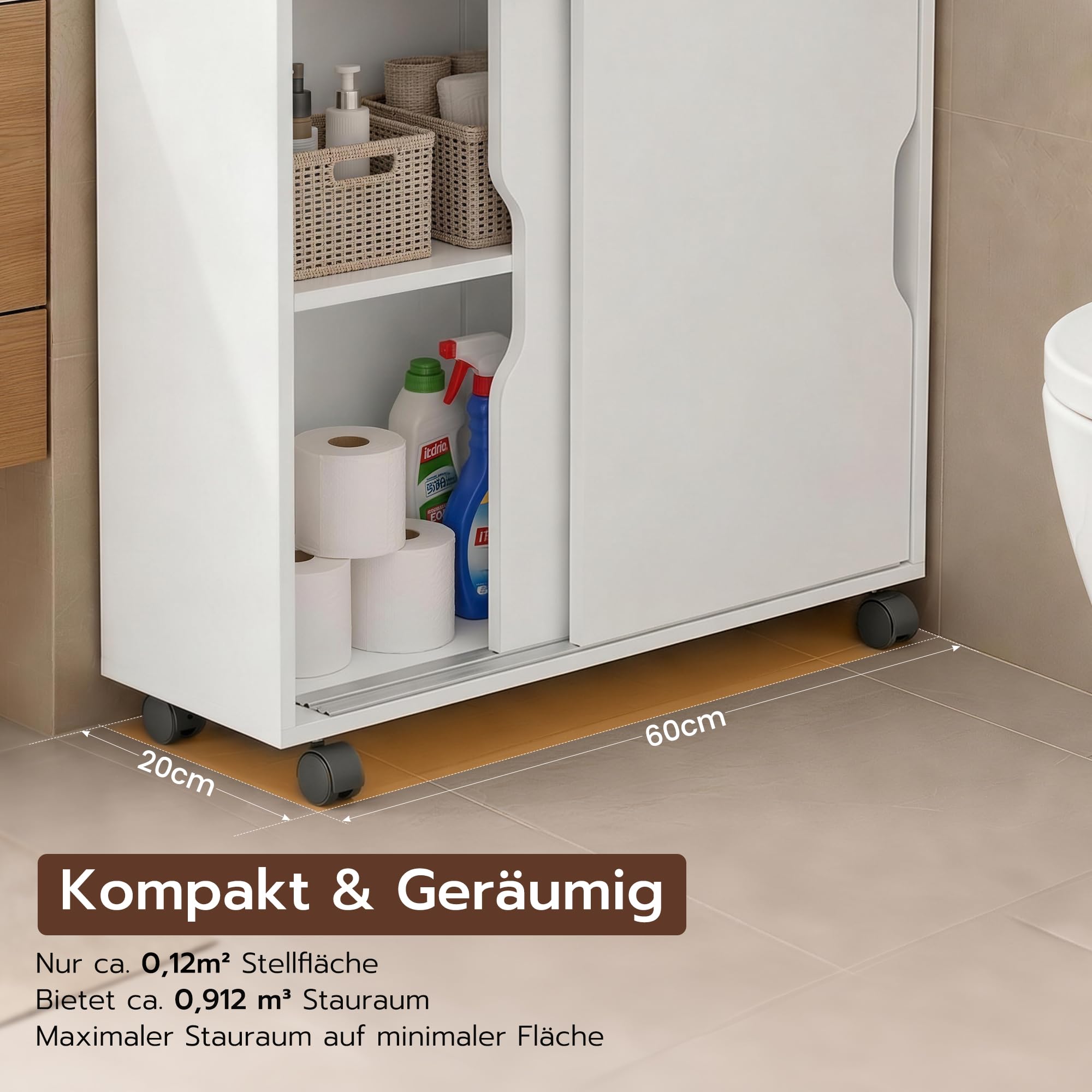 APICIZON Badezimmerschrank mit Rollen, Badschrank Schmal, Nischenschrank