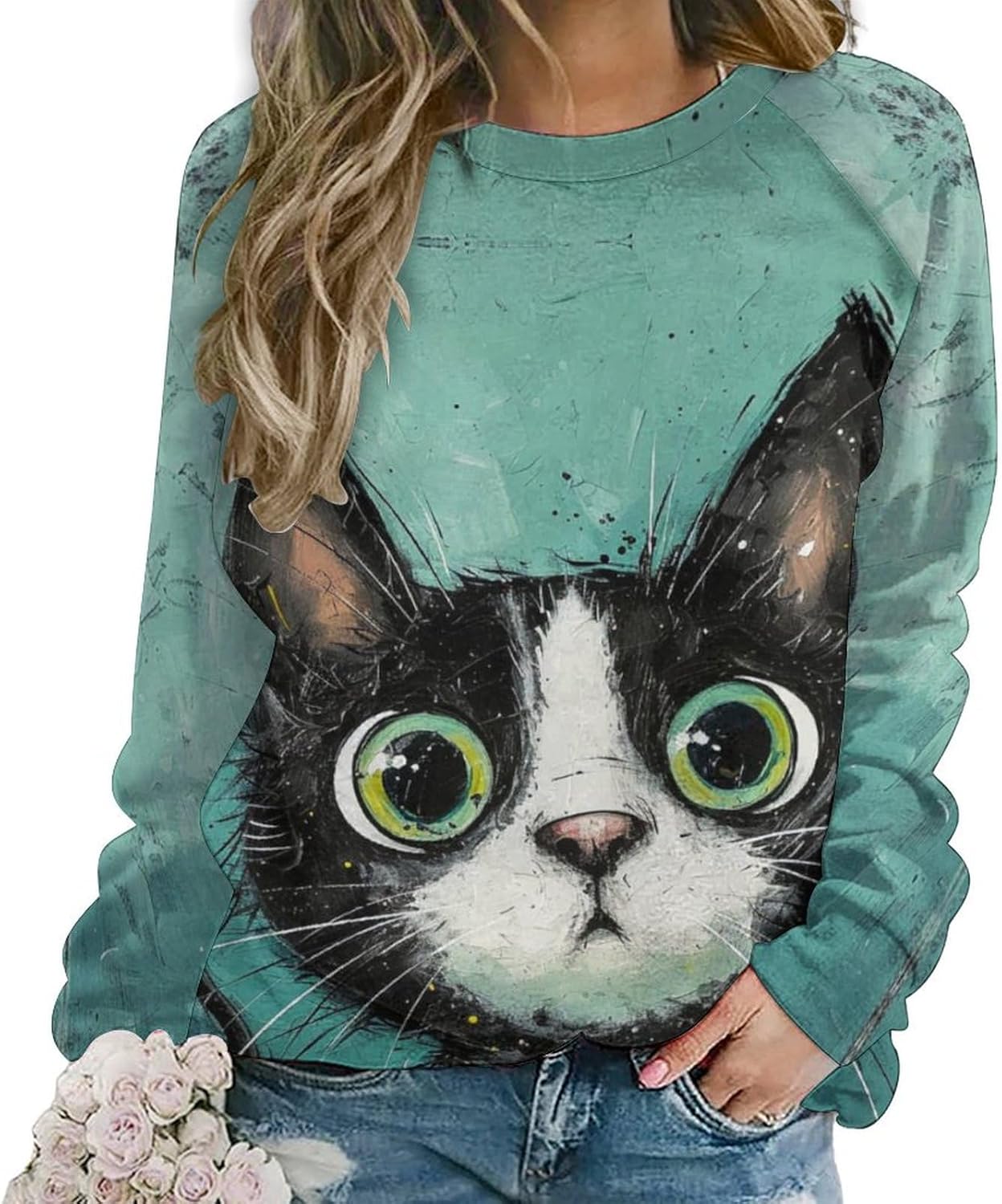 Womens Sweatshirt Oilpainting Cat Print Fall Oversized Cotton Holiday Casual Fashion Warm Crewneck Sweaters