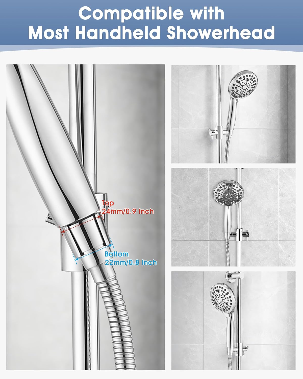 All Metal Shower Slide Bar with Adjustable Handheld Shower Head Holder, 25 Inch SUS304 Stainless Steel Shower Rail, Replacement for RV, Camper, Hotel & Bathroom, Polished Chrome
